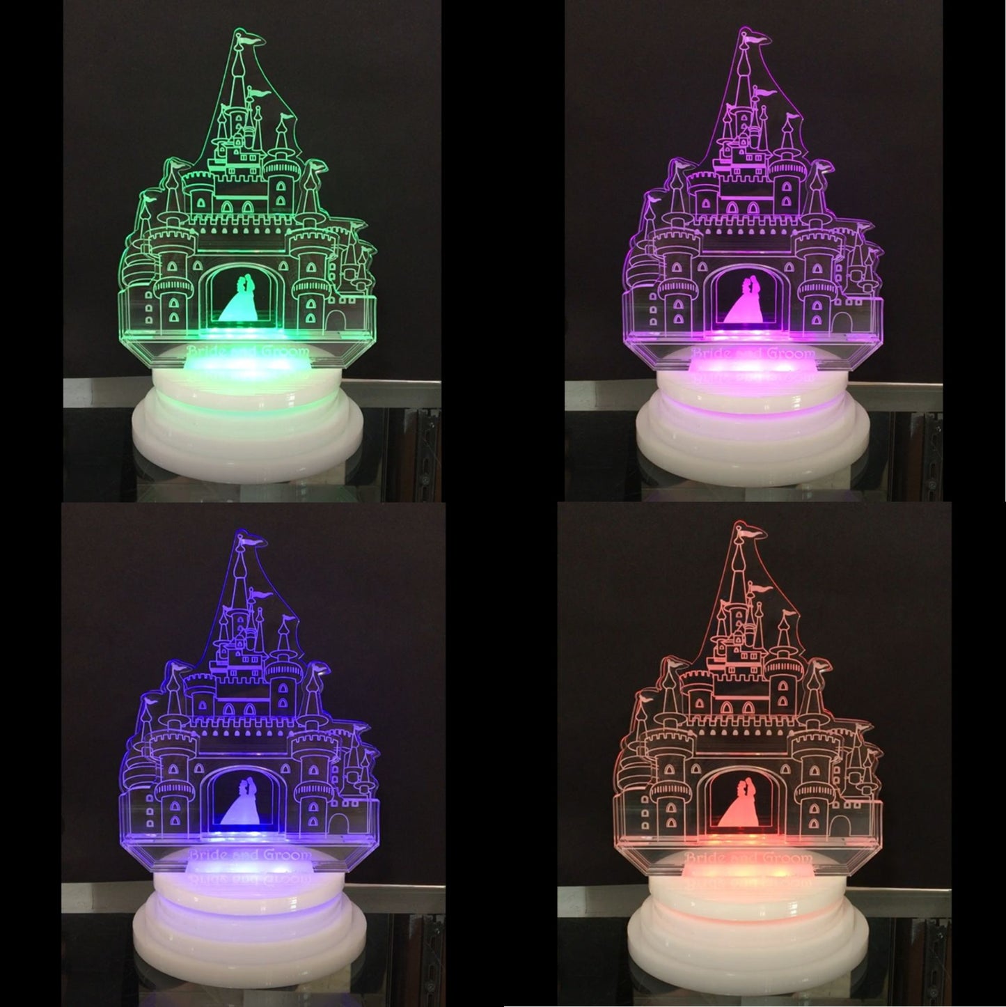 acrylic castle cake topper showing man and woman inside doorway, shown in an assortment of colors