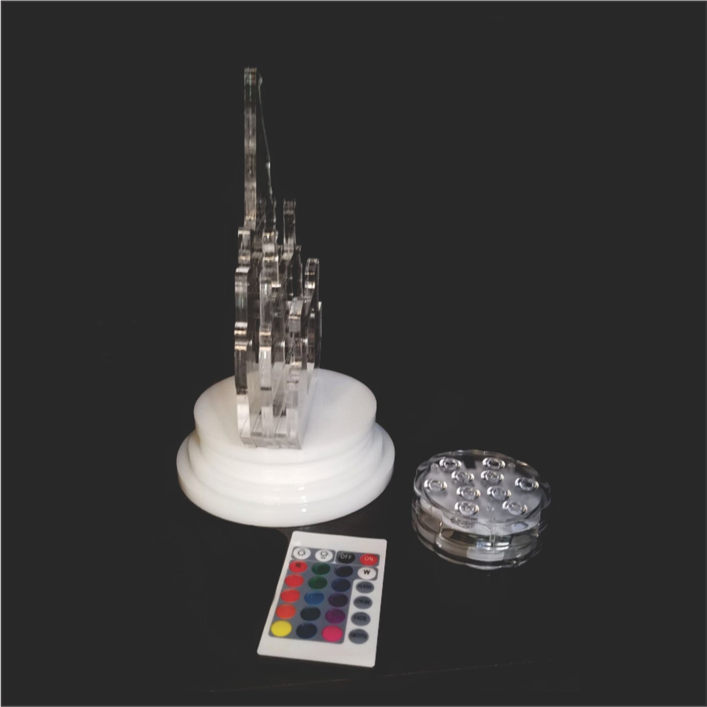acrylic cake topper along with a 10 LED RGB light and remote control