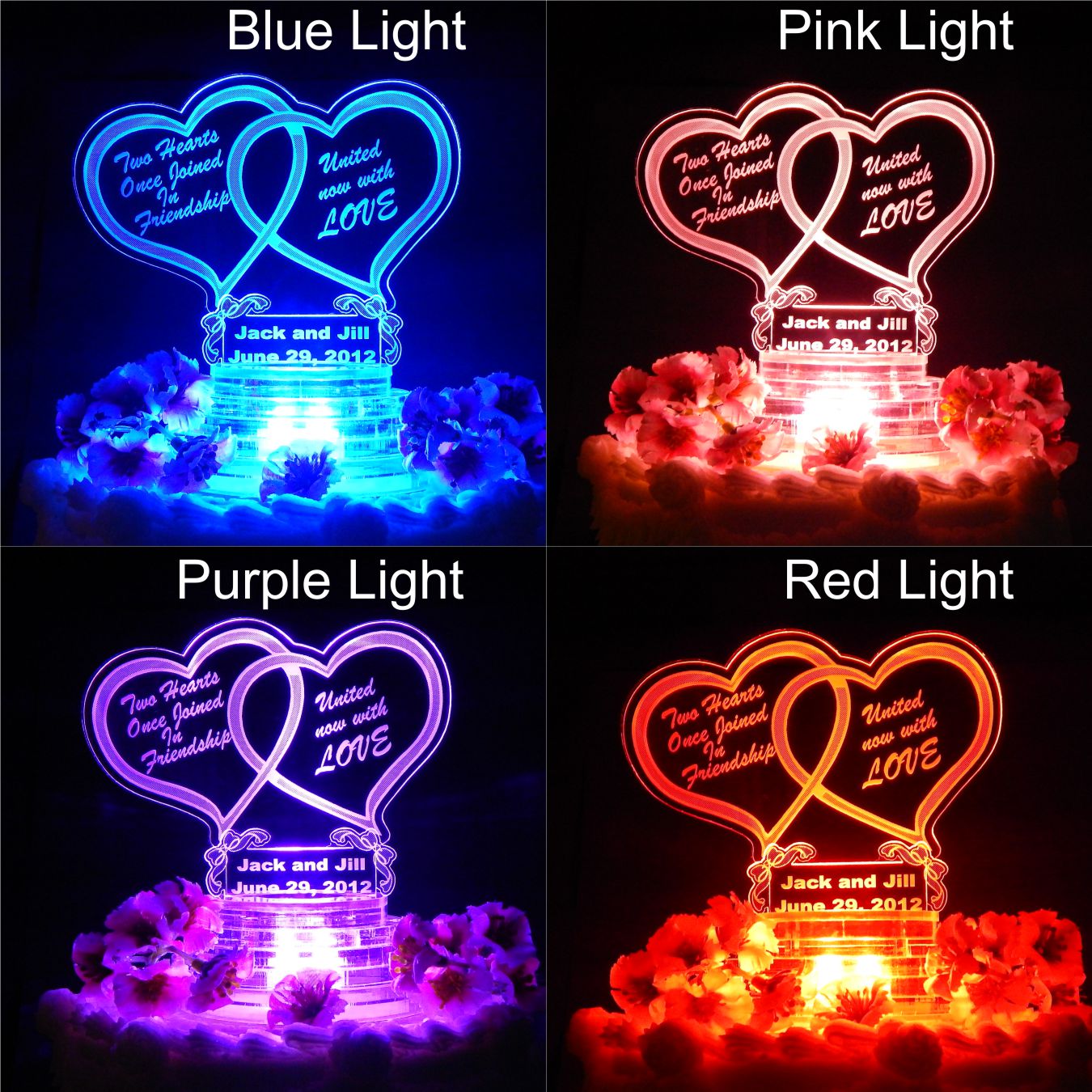 Four colored light views of a cake topper with a double heart design showing blue, pink, purple and red lighting