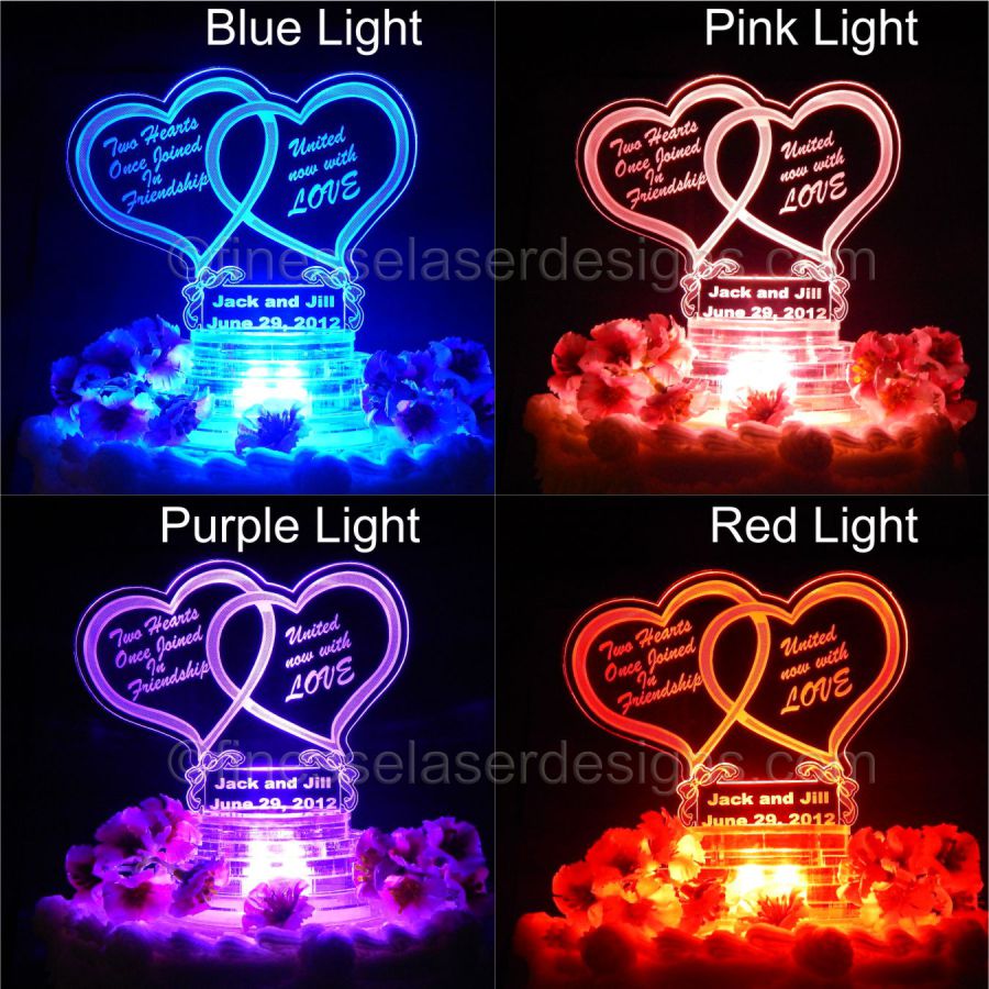 4 views showing colored lights for an acrylic heart shaped cake topper, showin in blue, pink, purple and red