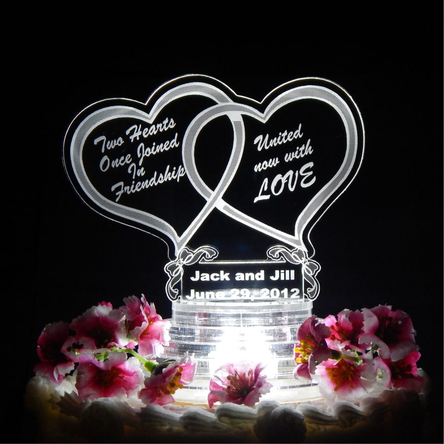 Personalized Double Heart Lighted Acrylic LED Wedding Cake Topper