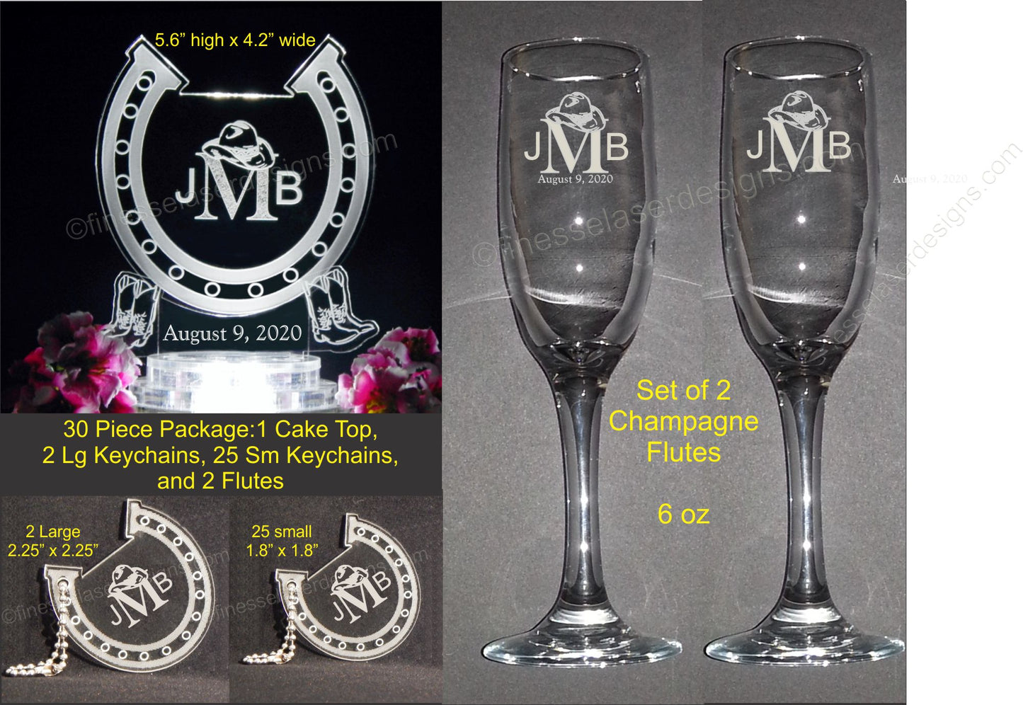 photo showing acrylic horseshoe shaped cake topper, two sizes horseshoe shaped keychains, and a set of two champagne flutes designed with monogram and date of wedding