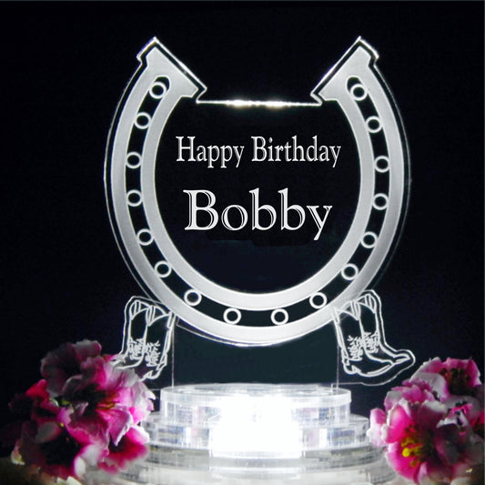 horseshoe shaped acrylic cake topper designed with a horseshoe design and engraved with name and Happy Birthday