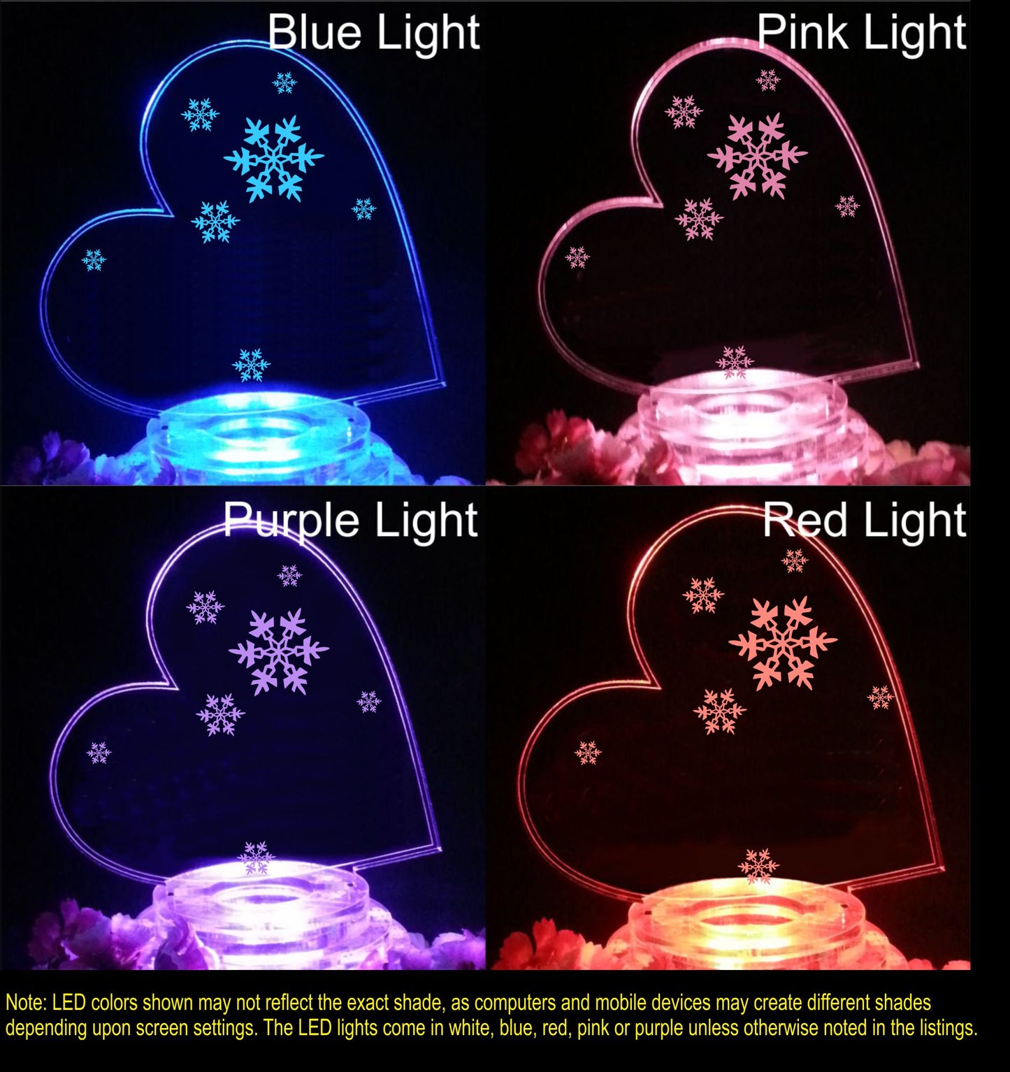 Colored views of acrylic side heart shaped cake topper with snowflakes showing pink, purple, blue, and red lighted views
