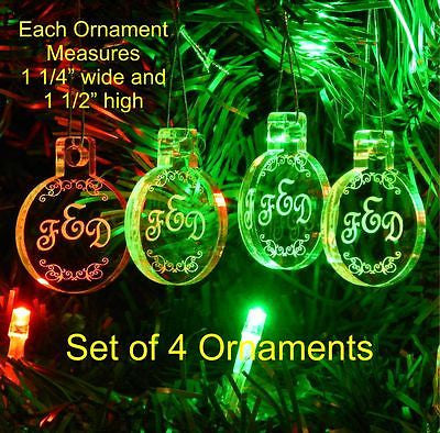 4 acrylic round ornaments with 3 letter monogram and pretty design engraved