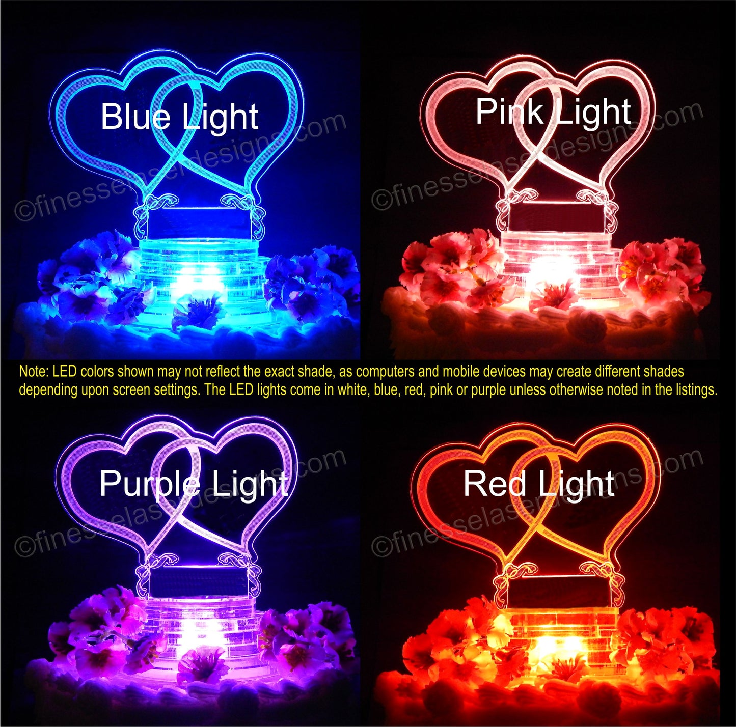 acrylic double heart designed cake topper shown with 4 lighted color views in blue, pink, purple and red