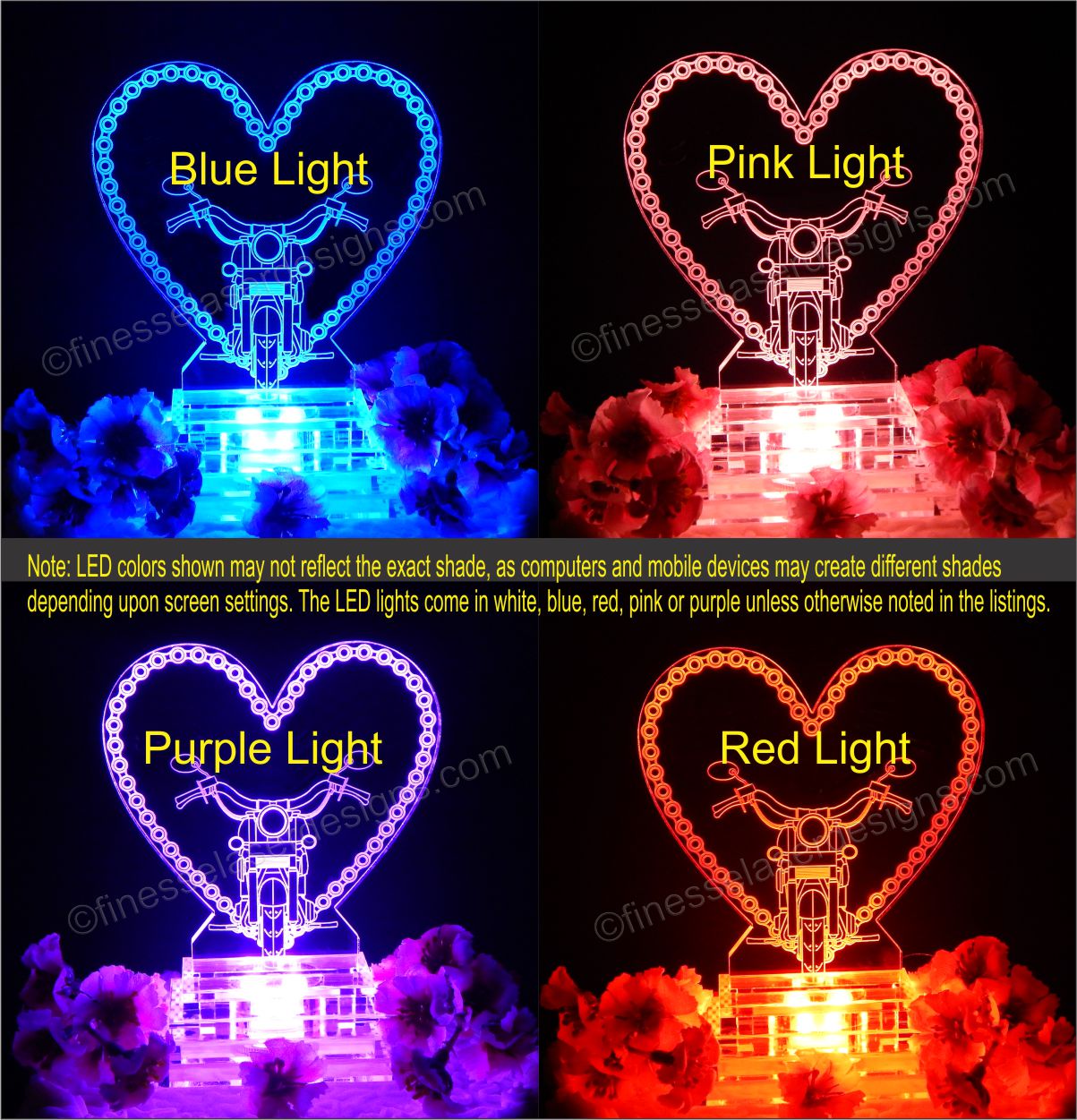 lighted views of acrylic heart shaped cake topper with motorcycle chain border and front view of motorcyle, showing blue, pink, purple and red lighted views