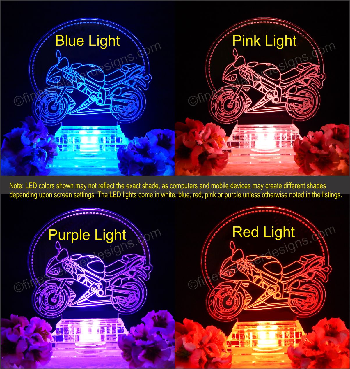 Colored lights view showing acrylic cake topper with side view of a sport motorcycle, showing blue, pink, purple, and red lighted views