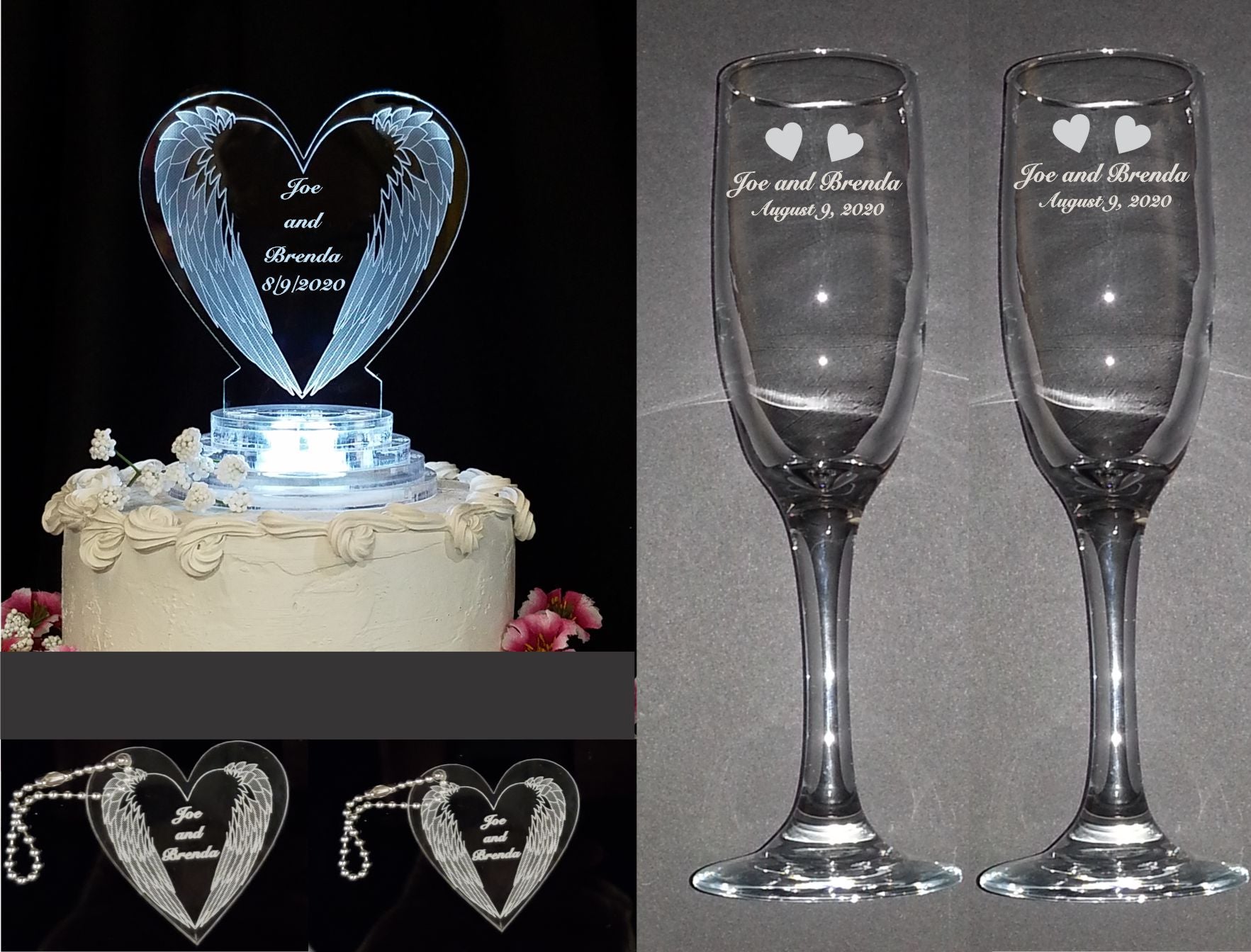 photo showing wedding package that includes a heart shaped cake topper designed with downward angel wings, 2 sizes of matching keychain favors and a set of 2 champagne flutes