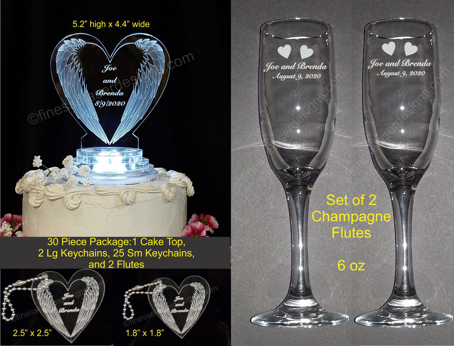 photo showing wedding package that includes a heart shaped cake topper designed with downward angel wings, 2 sizes of matching keychain favors and a set of 2 champagne flutes with dimensions and information