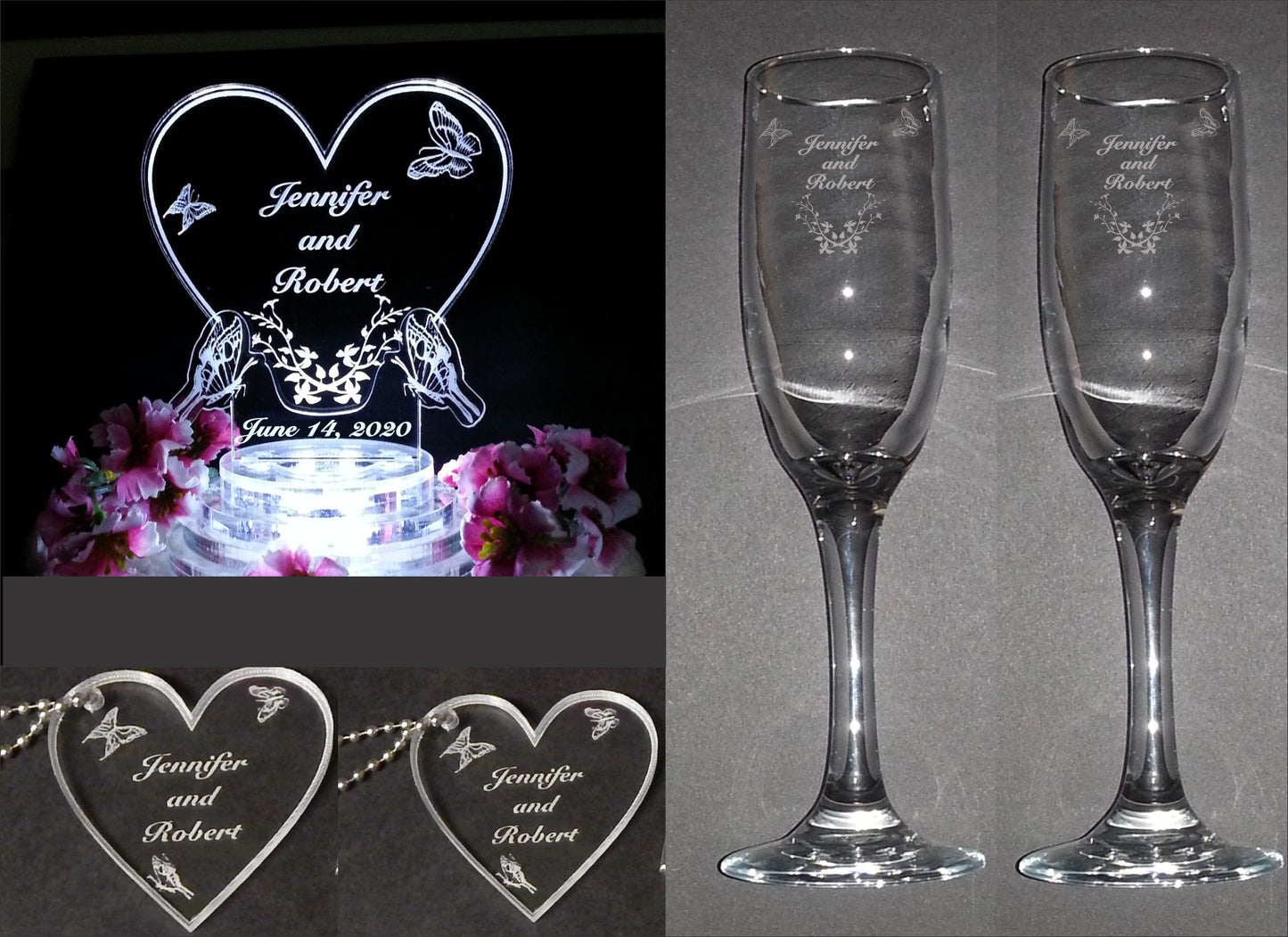 photo showing package items including heart shaped acrylic cake topper decorated with butterflies, 2 sizes of keychain favors, and a set of champagne flutes