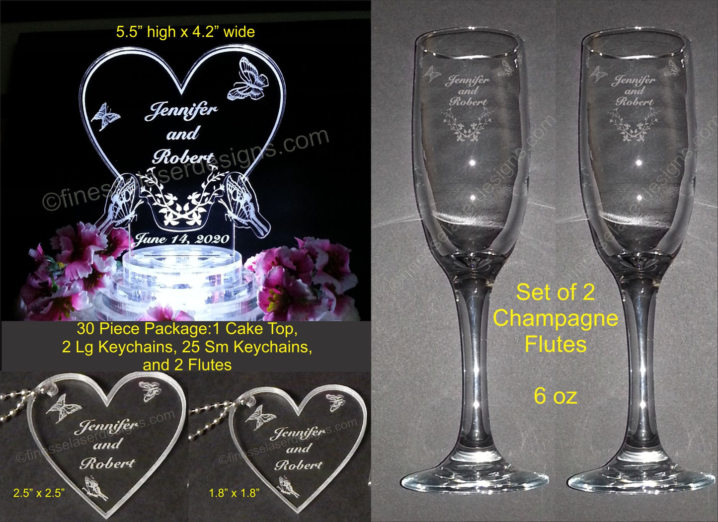 photo showing package items including heart shaped acrylic cake topper decorated with butterflies, 2 sizes of keychain favors, and a set of champagne flutes with dimensions and information