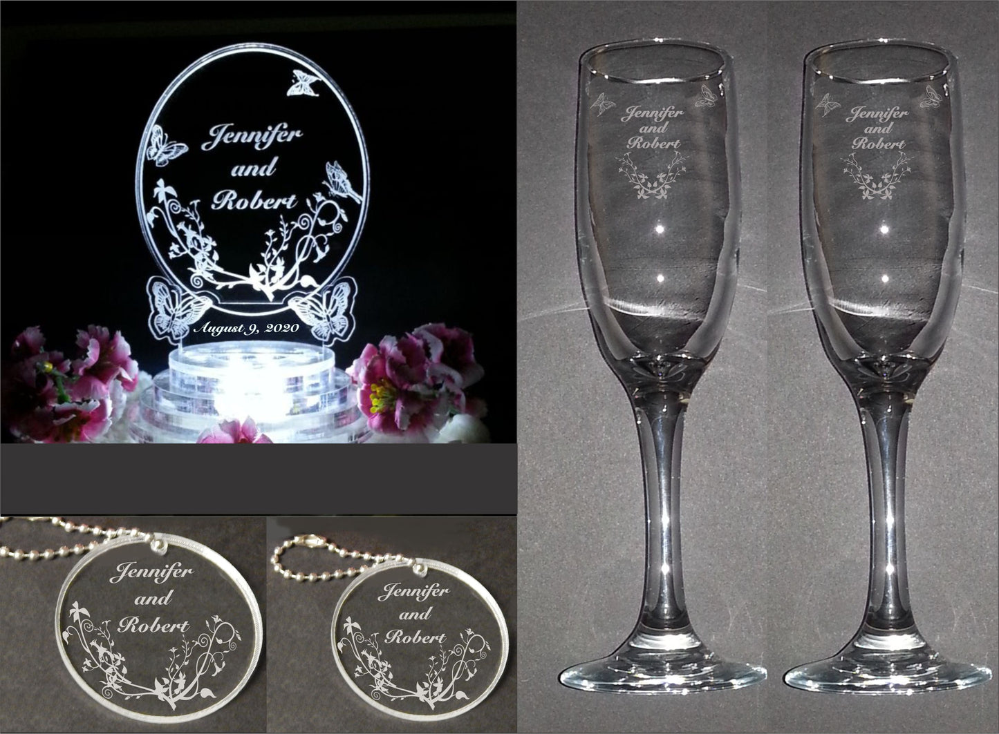 photo showing package that includes oval acrylic cake topper designed with butterflies, 2 sizes of keychain favors, and a set of champagne flutes