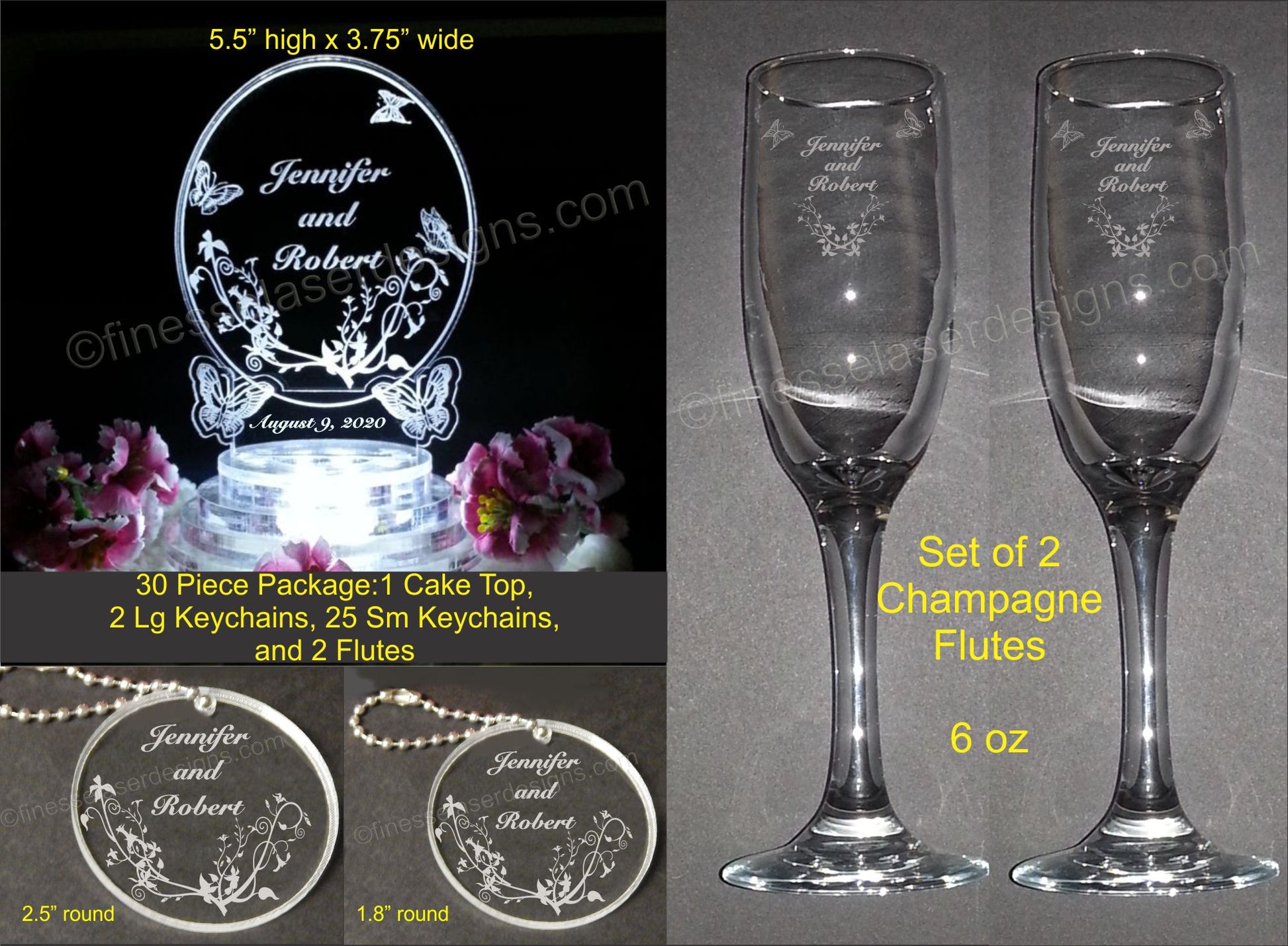 photo showing package that includes oval acrylic cake topper designed with butterflies, 2 sizes of keychain favors, and a set of champagne flutes with dimensions and information