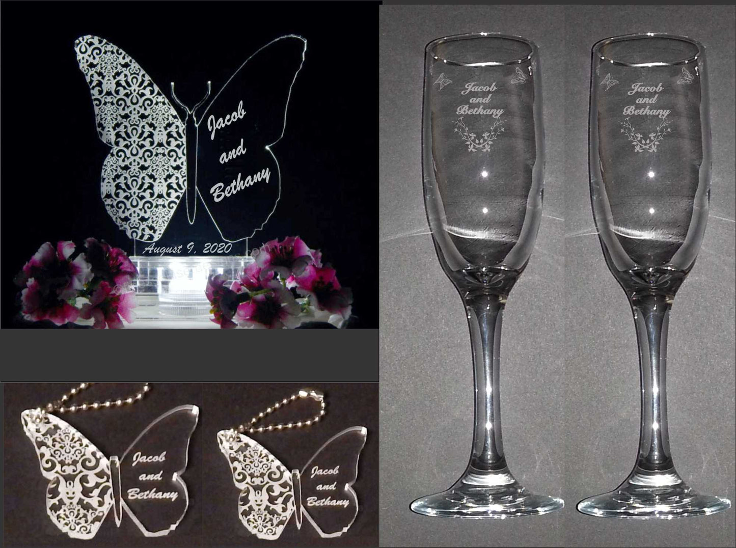 photo shows package that includes butterfly shaped acrylic cake topper, 2 sized of keychains, and a set of champagne flutes