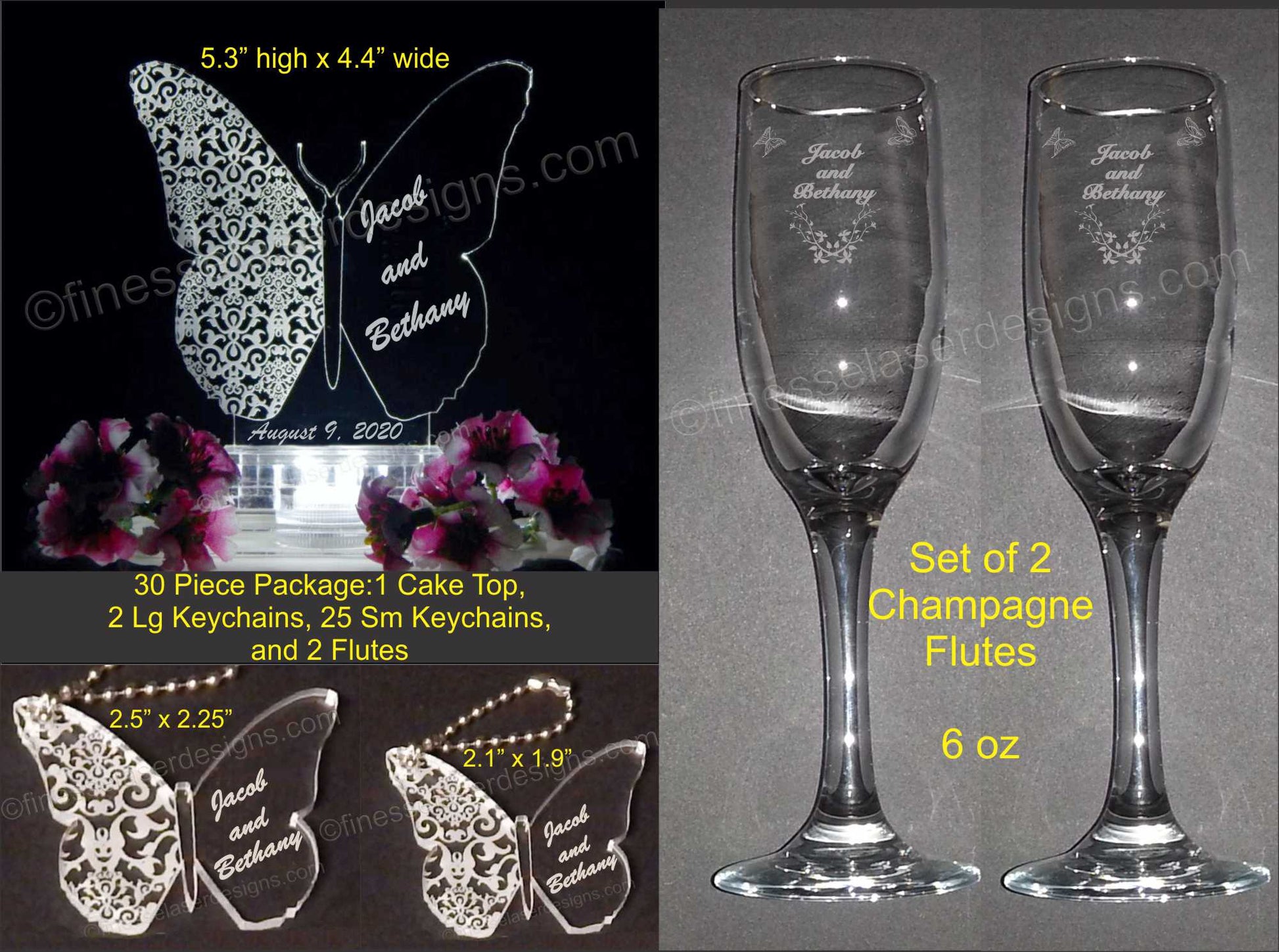 photo shows package that includes butterfly shaped acrylic cake topper, 2 sized of keychains, and a set of champagne flutes with dimensions and information