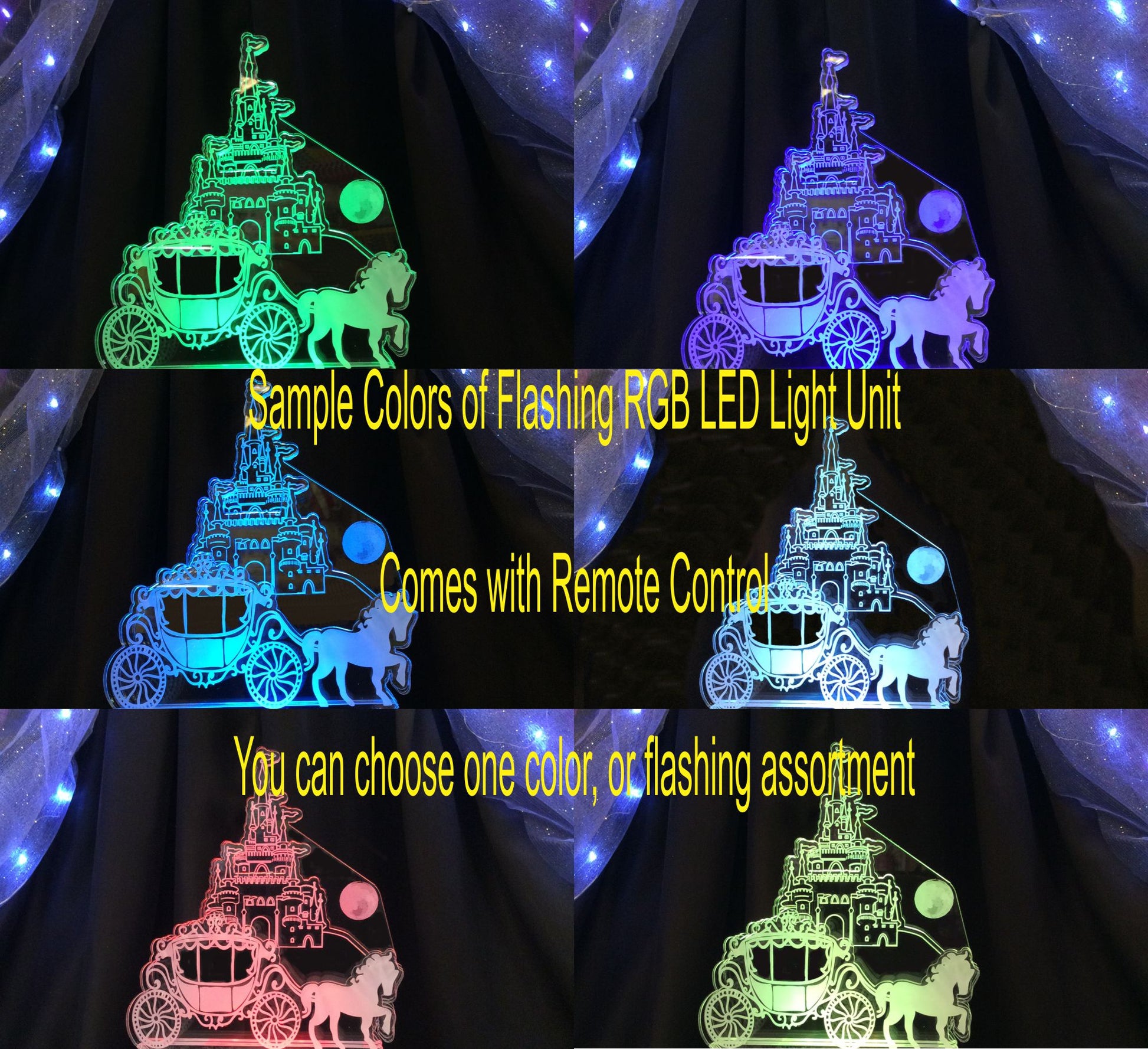 acrylic castle and carriage cake topper lit up, shown in a variety of RGB colored LED lighting