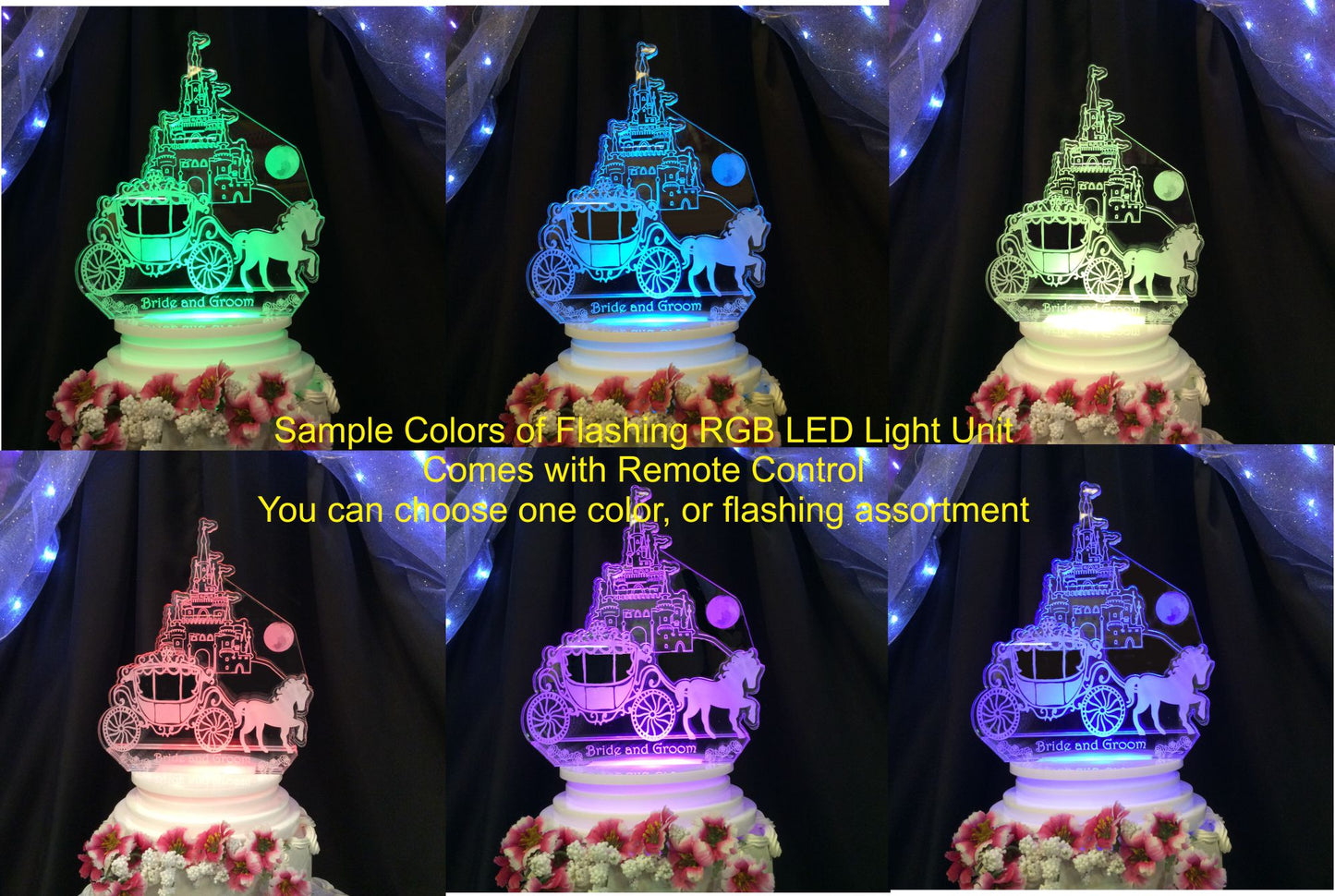 acrylic castle and carriage cake topper lit up with bride and groom name, shown in a variety of RGB colored LED lighting