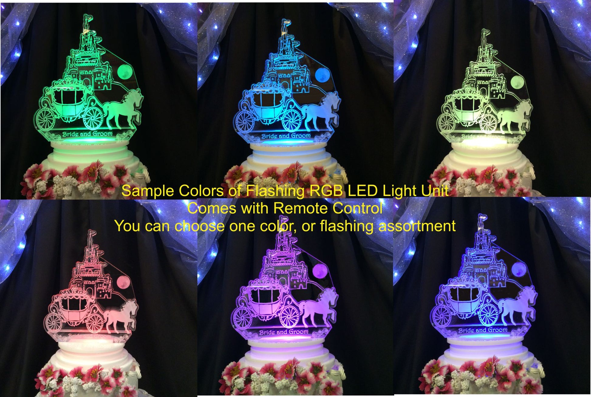 acrylic castle and carriage cake topper lit up with bride and groom name, shown in a variety of RGB colored LED lighting