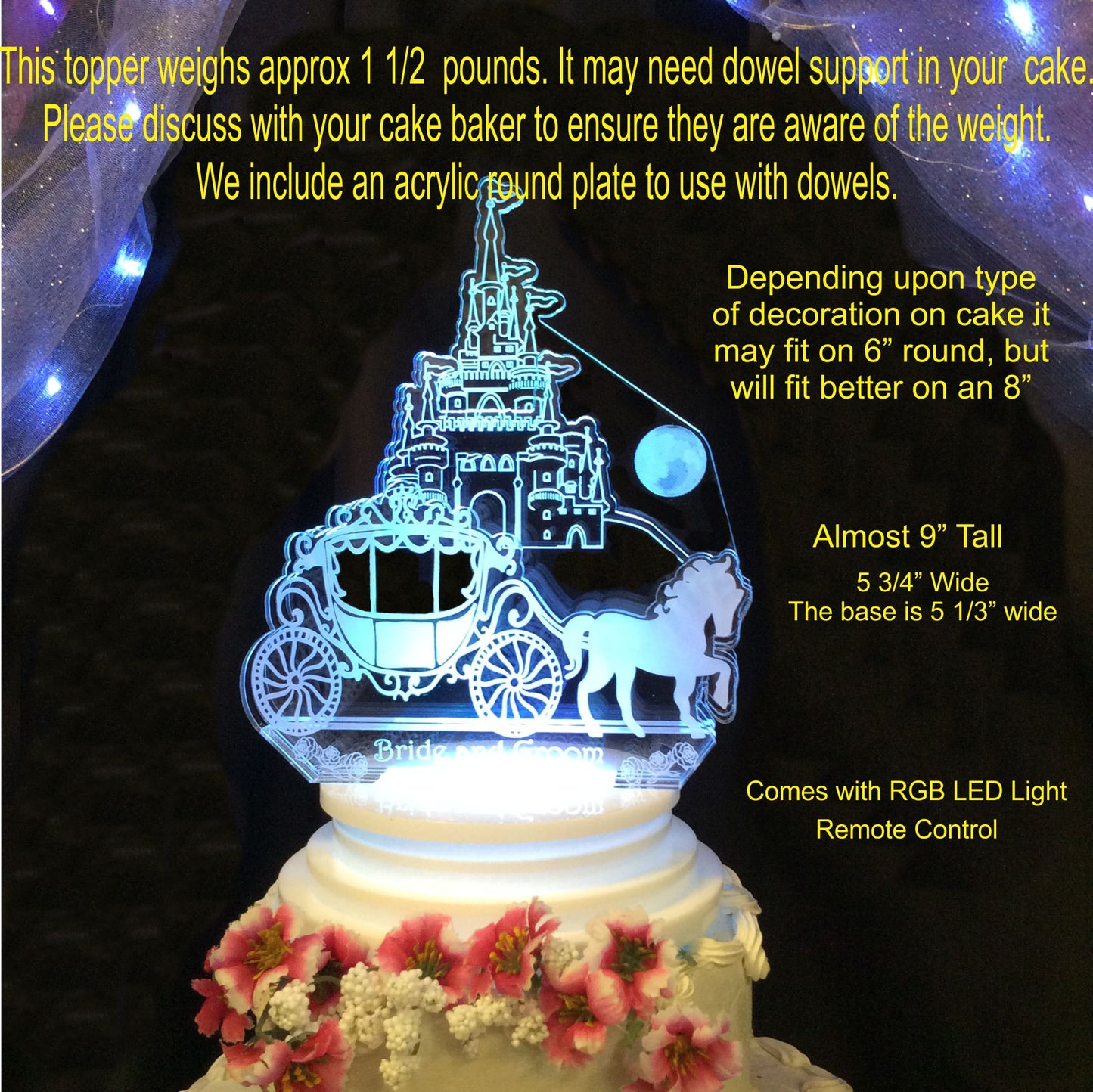 acrylic castle and carriage cake topper lit up with bride and groom name, along with information about topper added