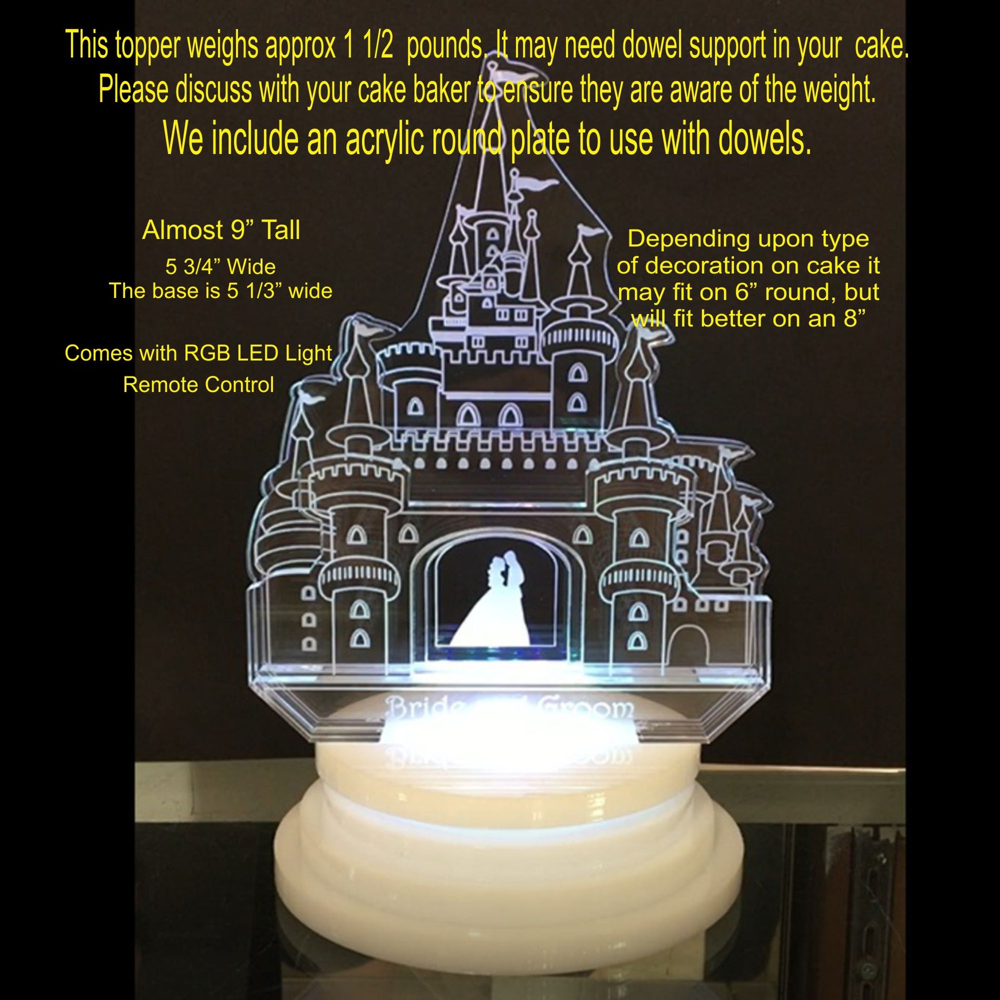 acrylic castle cake topper showing man and woman inside doorway, with information