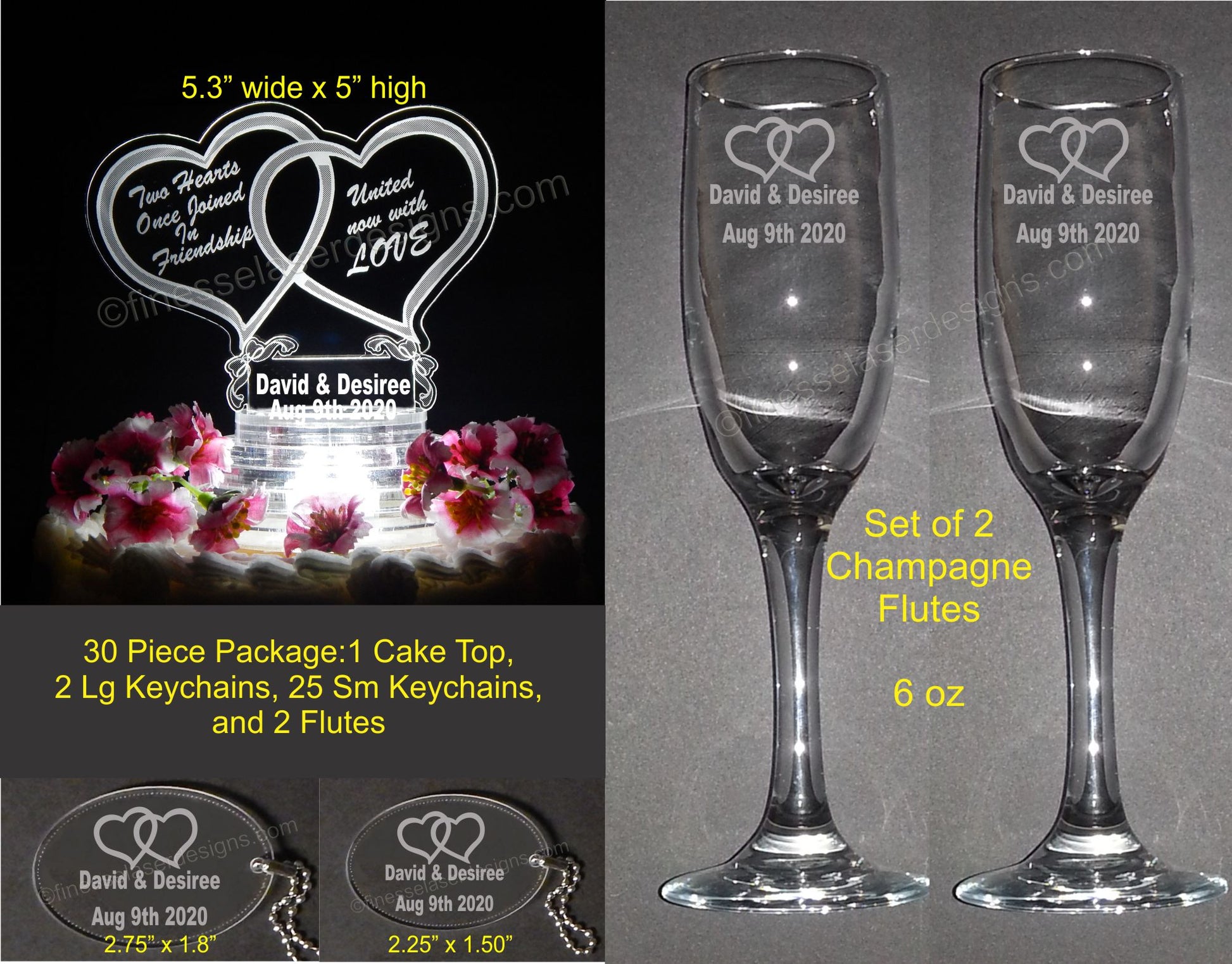 wedding package showing an acrylic heart shaped cake topper, large and small keychain favors, and set of two champagne flutes with dimensions and information