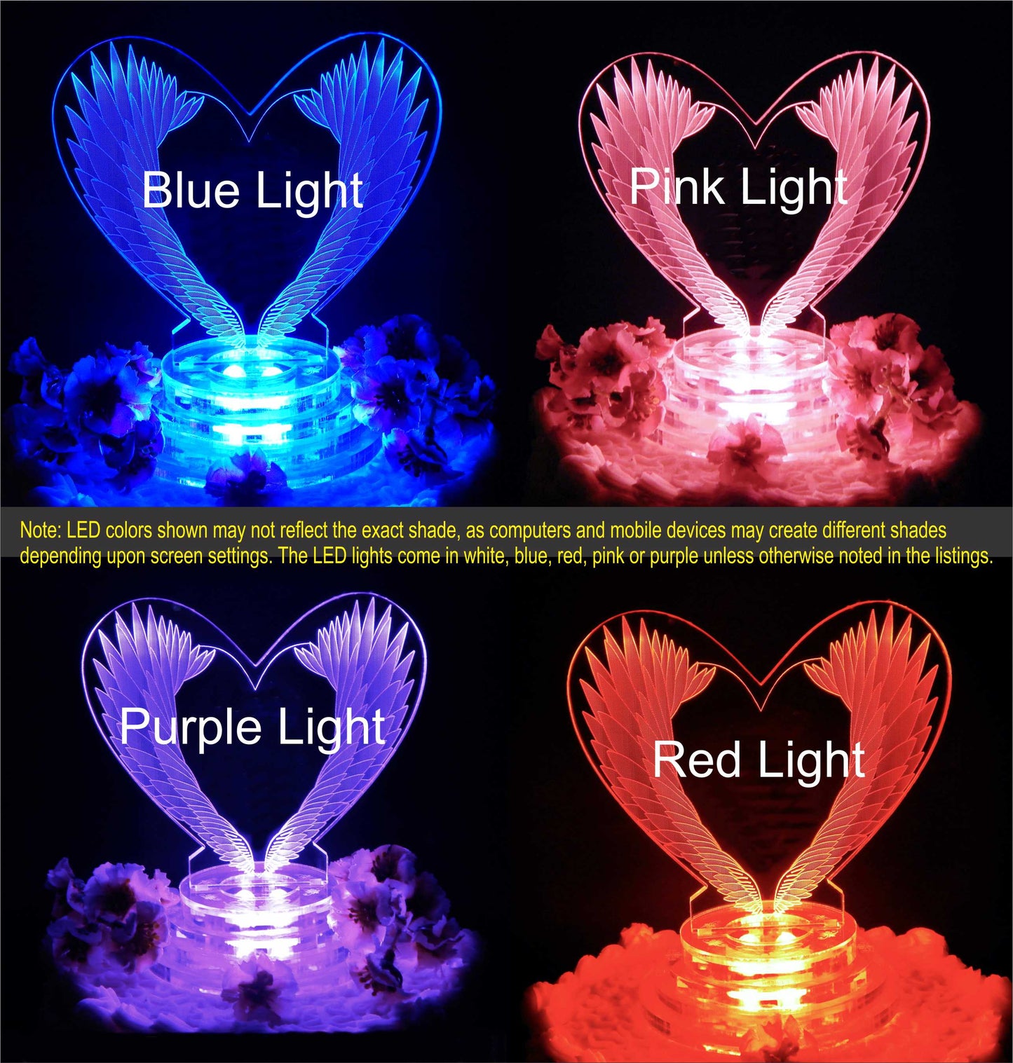 Colored views of acrylic heart shaped cake topper showing pink, purple, blue, and red lighted views