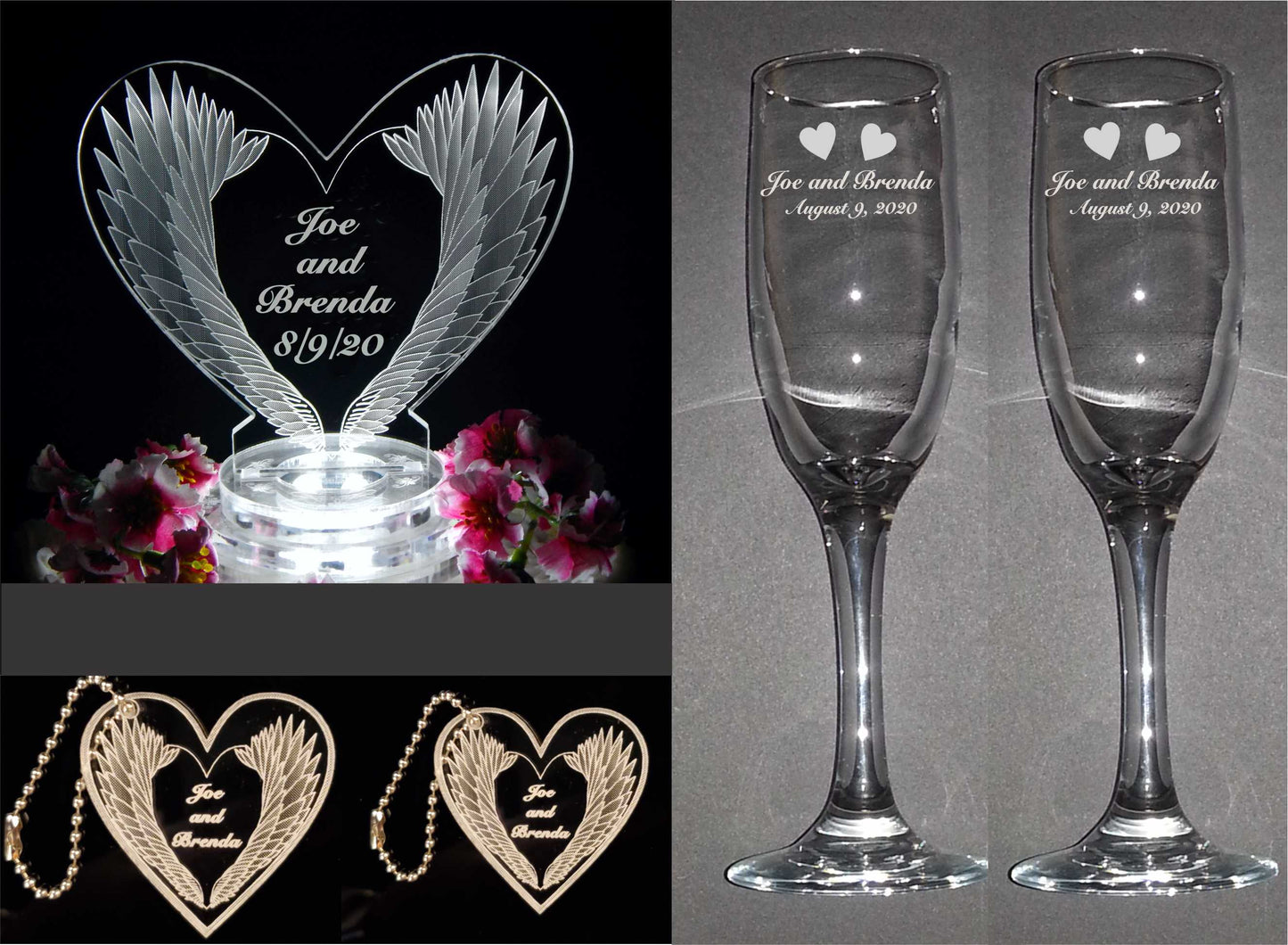 photo showing package that includes heart shaped acrylic cake topper with feather wing design, two sizes of acrylic keychain favors and a set of two champagne flutes