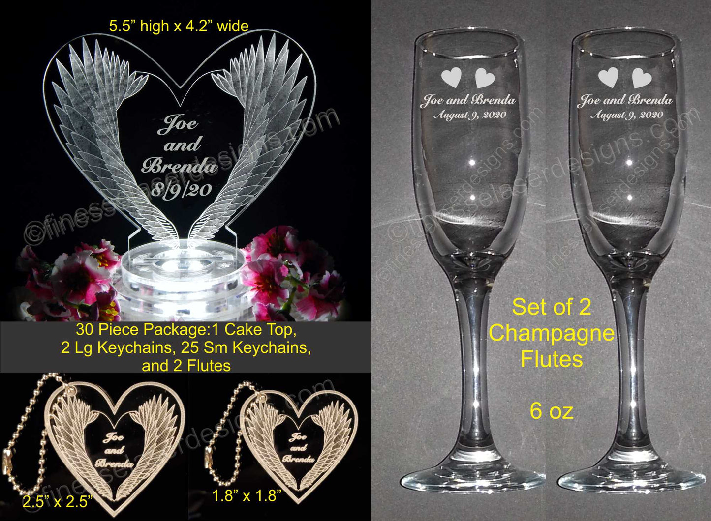 photo showing package that includes heart shaped acrylic cake topper with feather wing design, two sizes of acrylic keychain favors and a set of two champagne flutes with dimensions and information