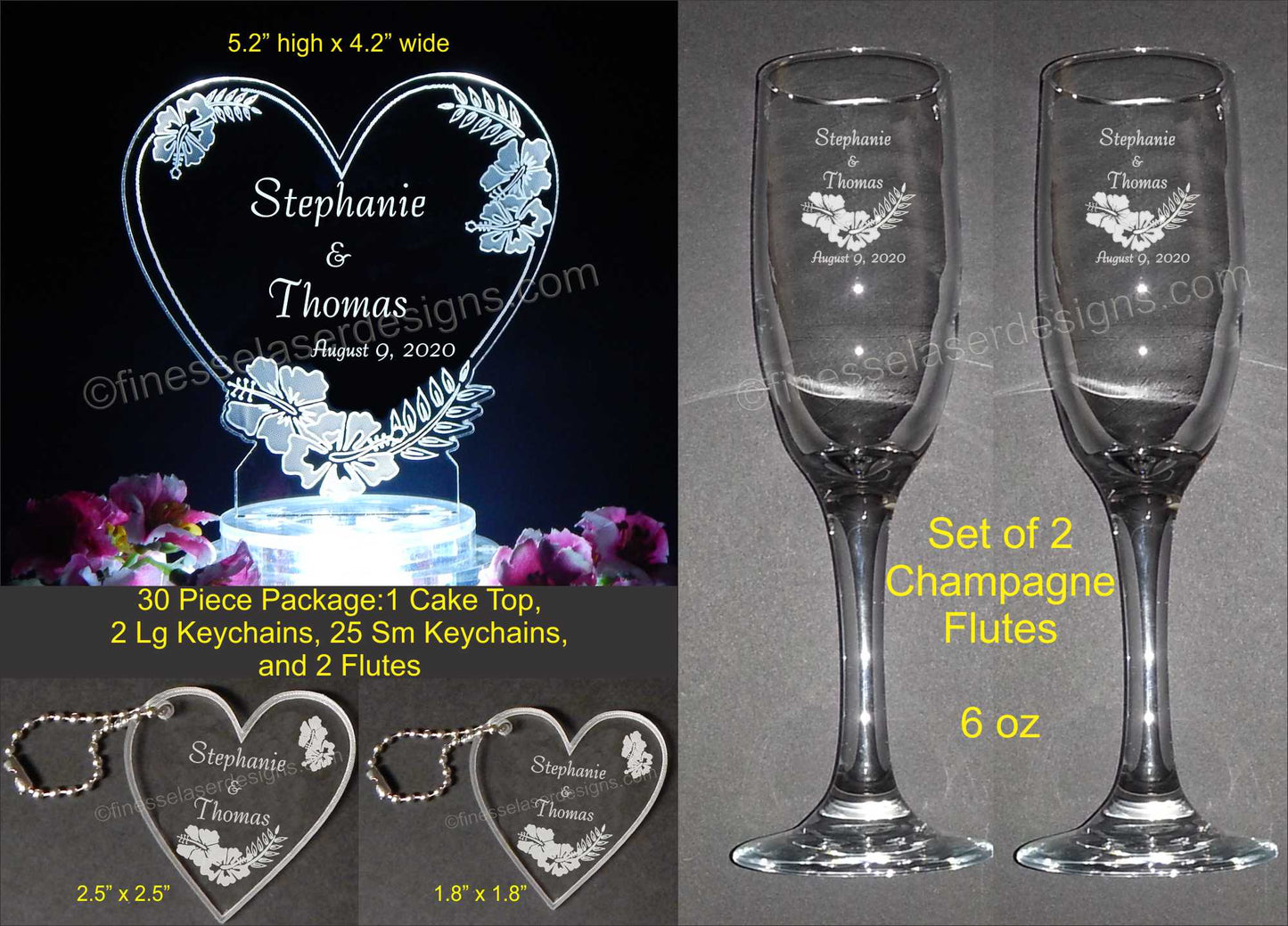 wedding package pictures showing acrylic heart shaped cake topper with hibiscus flower design, large and small acrylic keychains and a set of 2 champage flutes along with dimensions and information