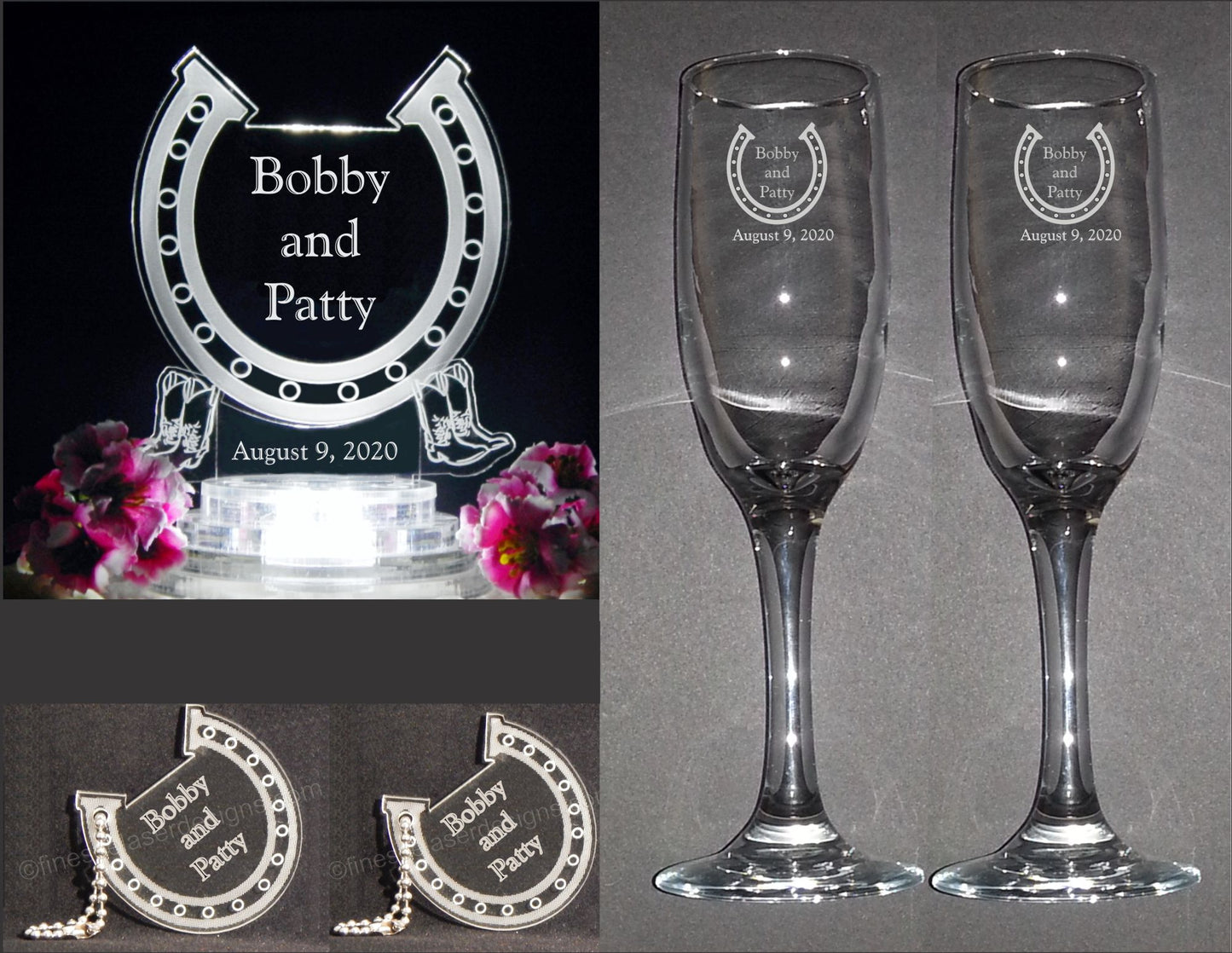 photo showing horseshoe shaped acrylic cake topper designed with a horseshoe design and engraved with names and date, two sizes of horseshoe keychains, and set of champagne flutes