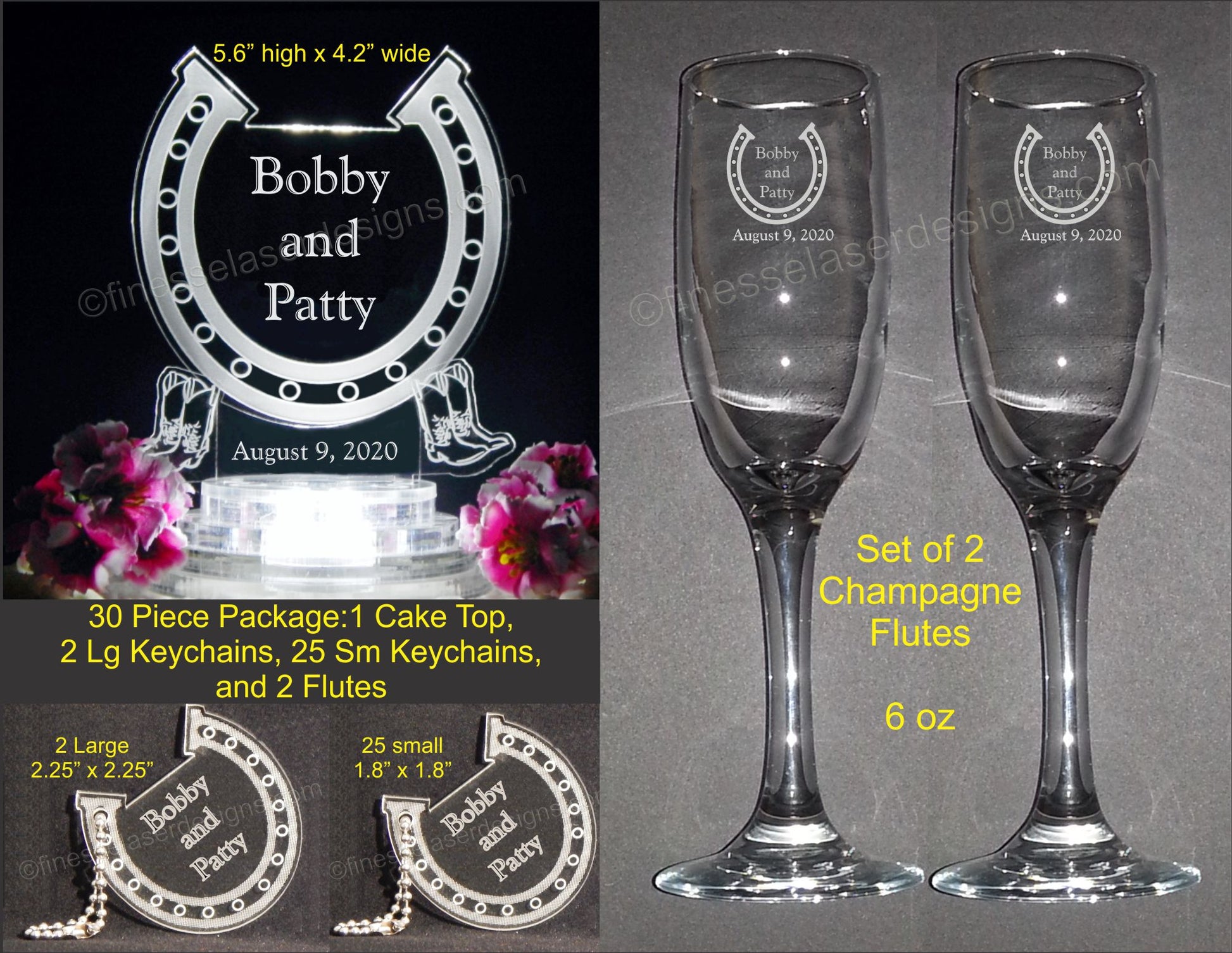 photo showing horseshoe shaped acrylic cake topper designed with a horseshoe design and engraved with names and date, two sizes of horseshoe keychains, and set of champagne flutes