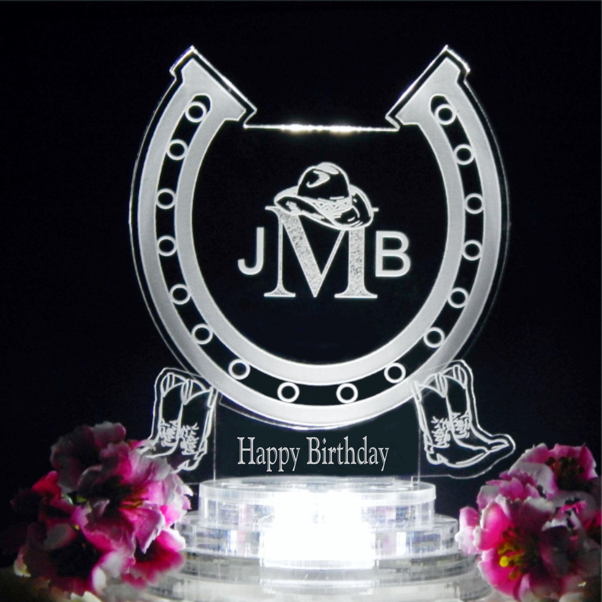  horseshoe shaped acrylic cake topper designed with a horseshoe design and engraved with monogram and Happy Birthday