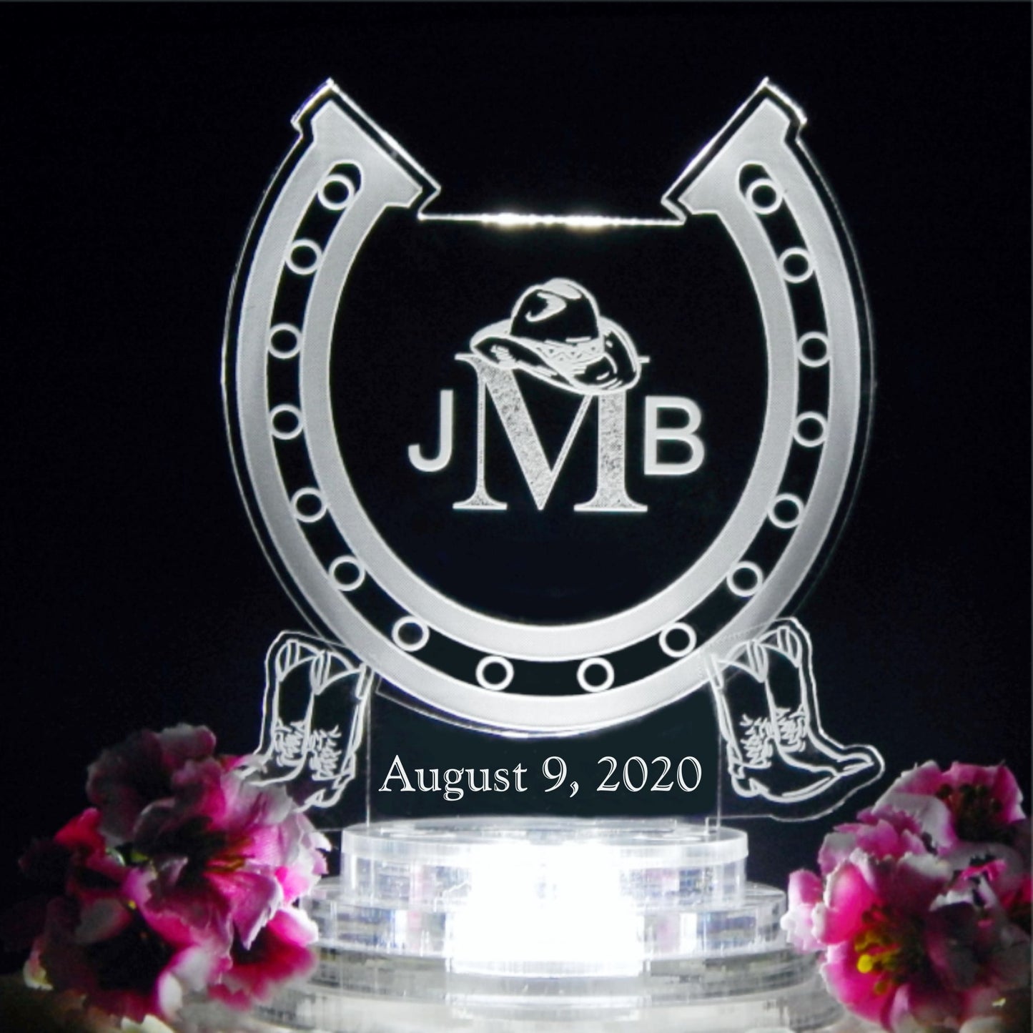 horseshoe shaped acrylic cake topper designed with a horseshoe design and engraved with monogram and date 