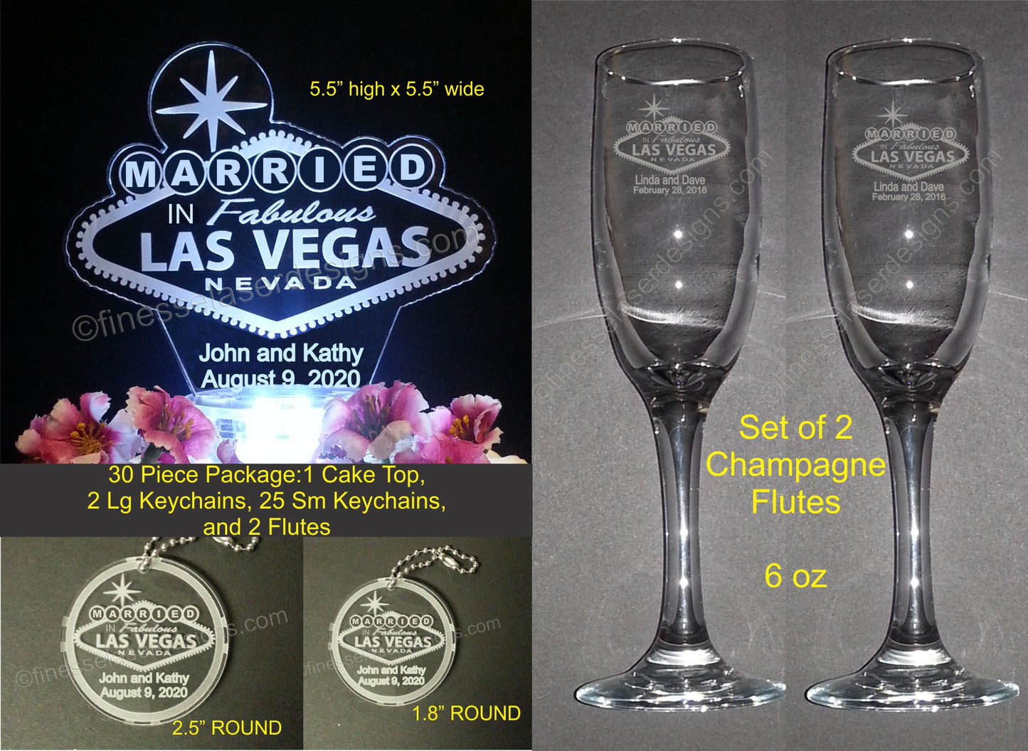 photo showing a Married in Las Vegas sign cake topper, two sizes in round keychains, and a set of champagne flutes with a Las Vegas design