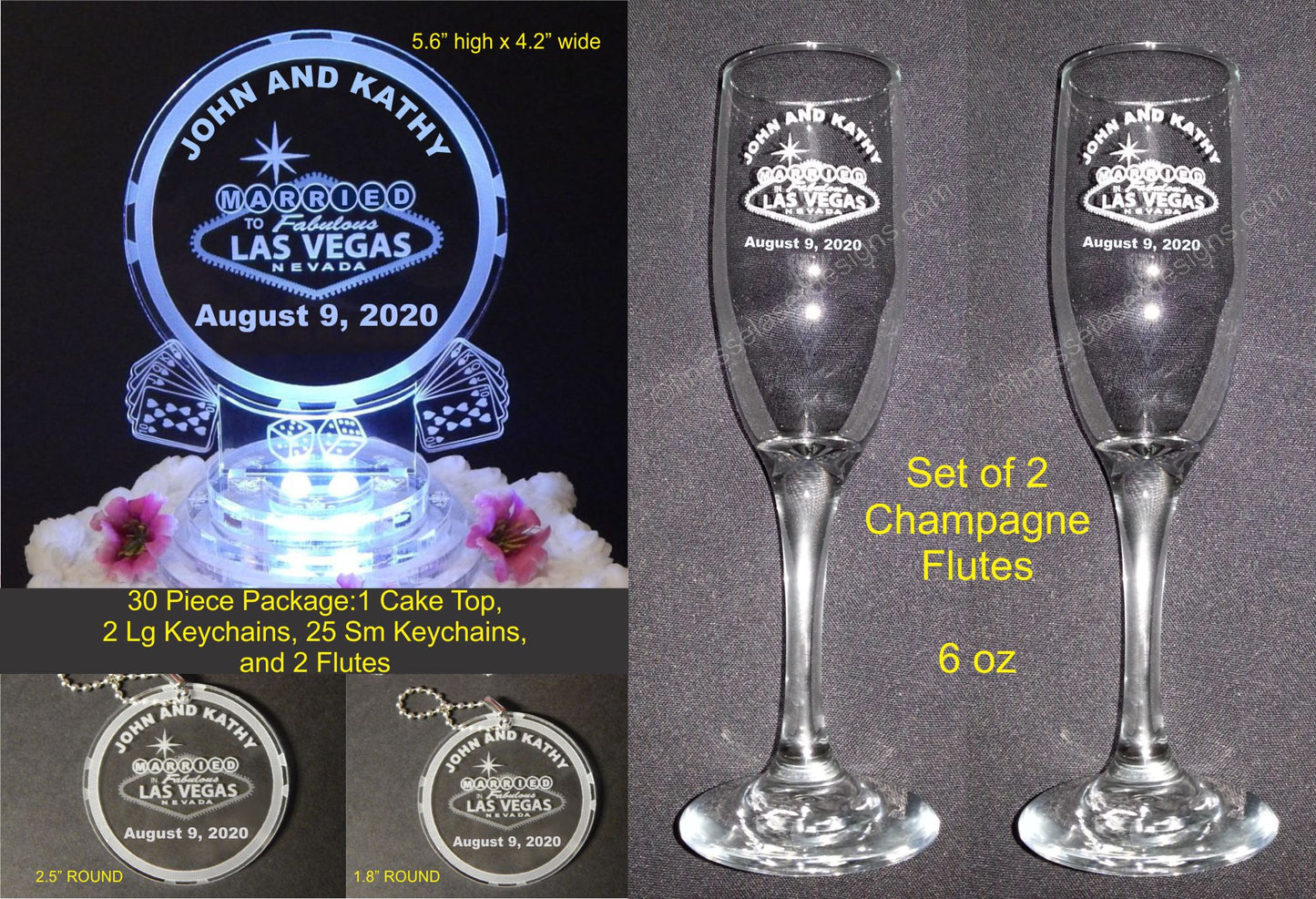 photo showing round acrylic cake topper with a Las Vegas design, 2 sizes in round acrylic keychain favors, and a set of 2 champagne flutes - all with a Las Vegas design
