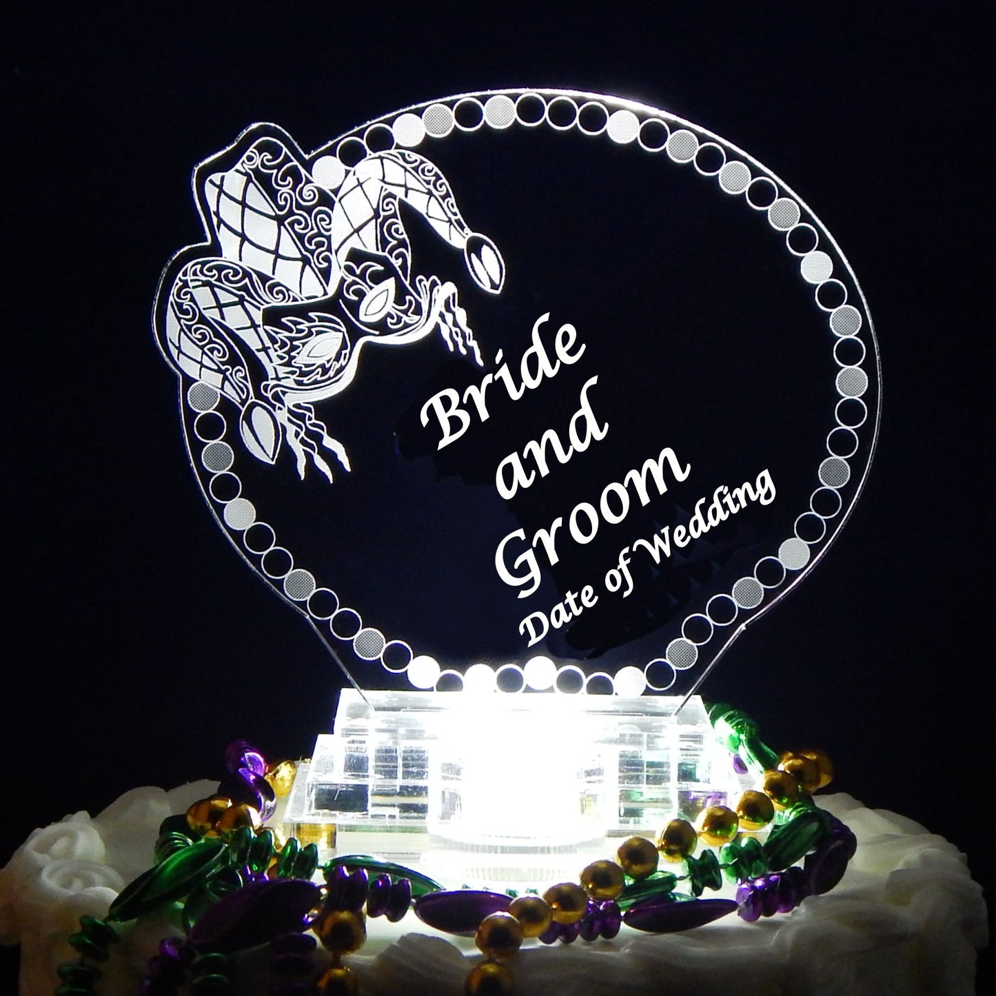 Personalized Mardi Gras Jester Acrylic LED Wedding Cake Topper