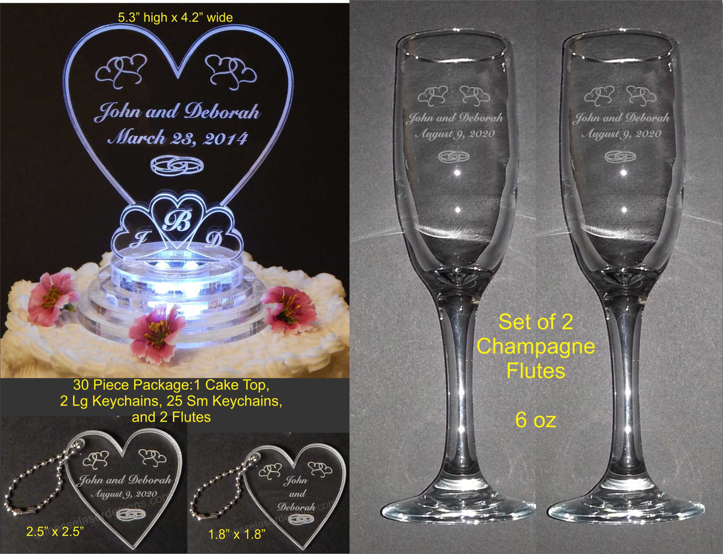photo showing clear acyrlic heart shaped cake topper, large and small keychains, and set of two champagne flutes as a package  with dimensions and information