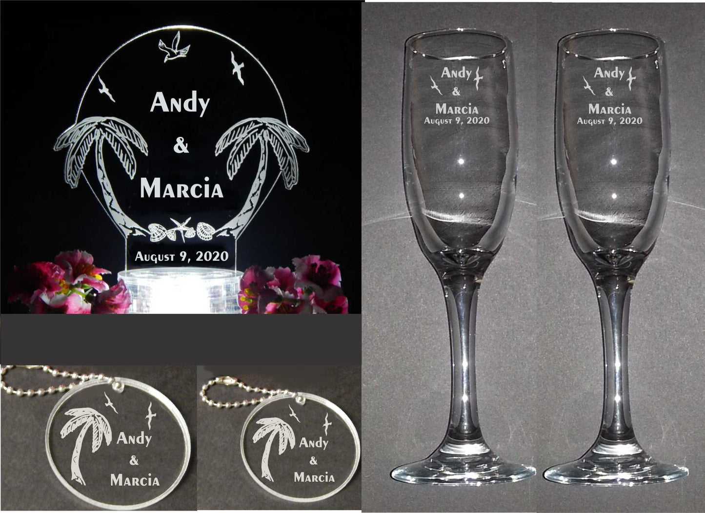 30 Pc Personalized Palm Tree Beach Lighted Acrylic LED Wedding Cake Topper Package