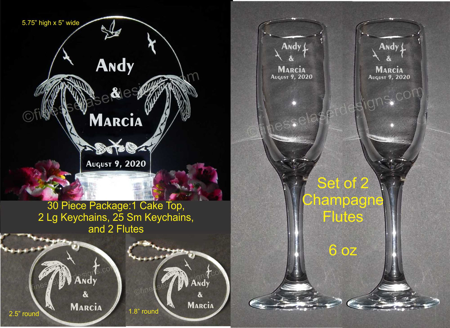 30 Pc Personalized Palm Tree Beach Lighted Acrylic LED Wedding Cake Topper Package