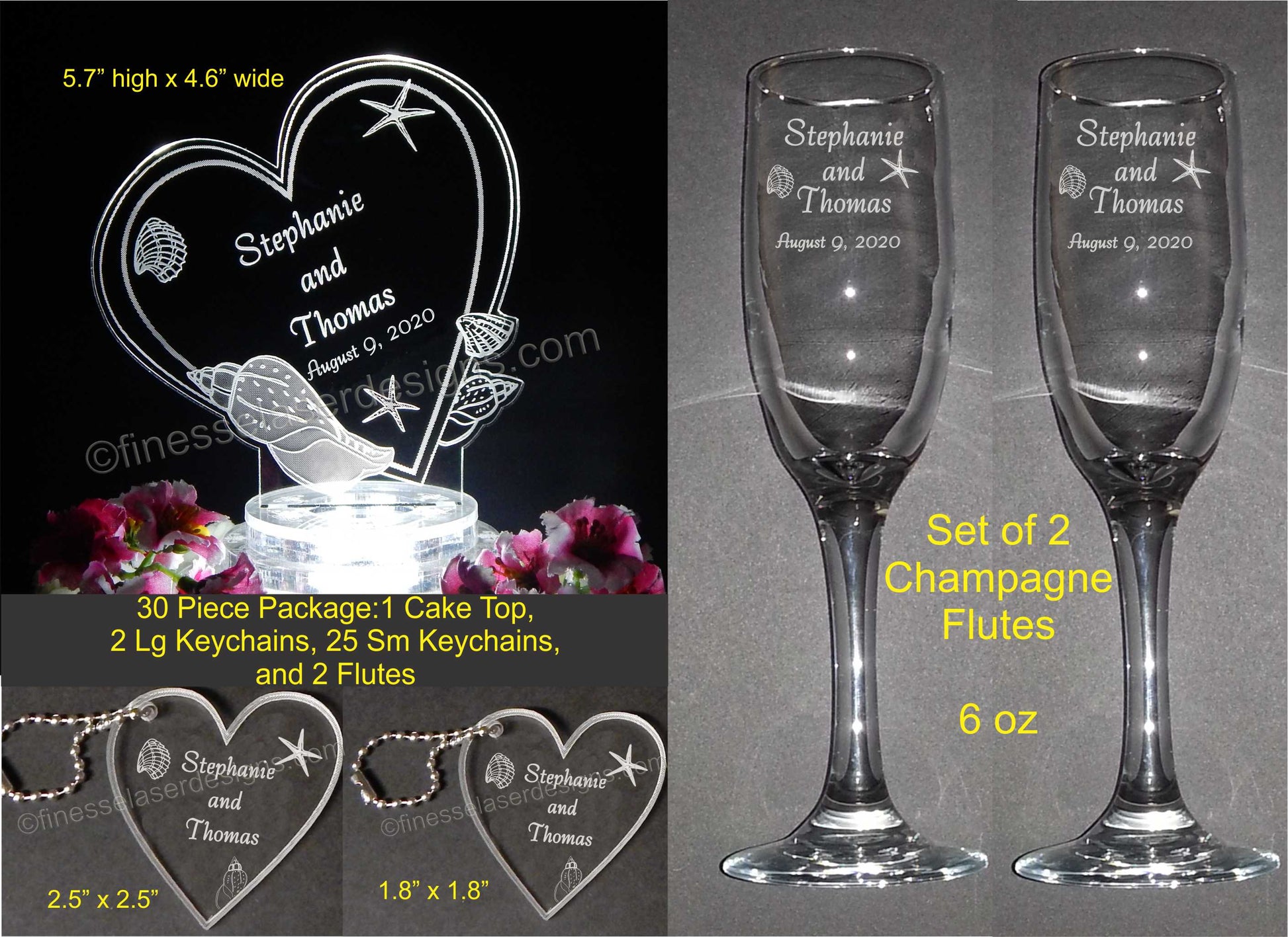 photo showing wedding package with an acrylic heart shaped seashell decorated cake topper, two sizes of acrylic keychain favors and a set of 2 champagne flutes