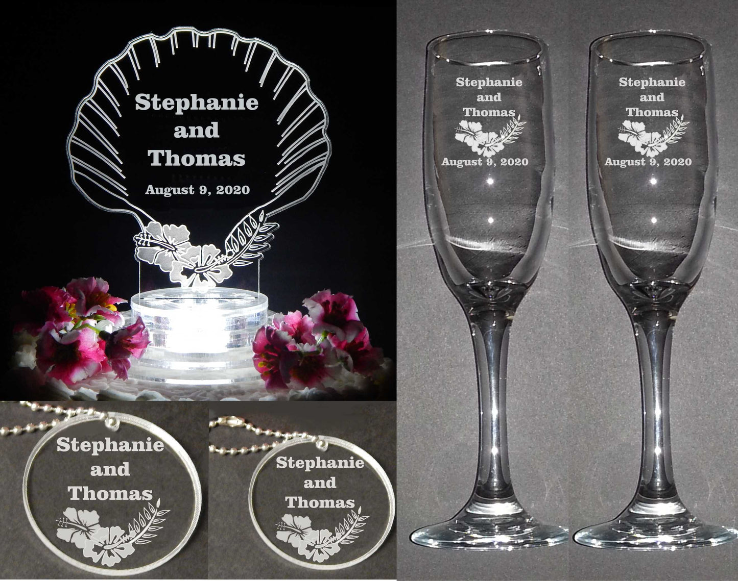 Assorted photos showing wedding package that includes Seashell Shaped Cake Topper, large and small matching keychains, and set of two engraved champagne flutes