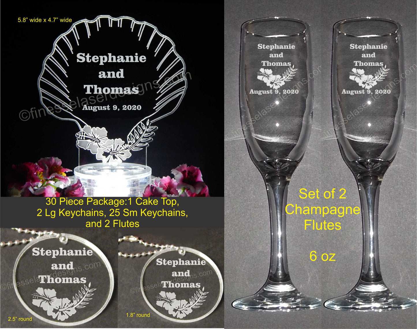 Assorted photos showing wedding package that includes Seashell Shaped Cake Topper, large and small matching keychains, and set of two engraved champagne flutes with sizing information included for each item