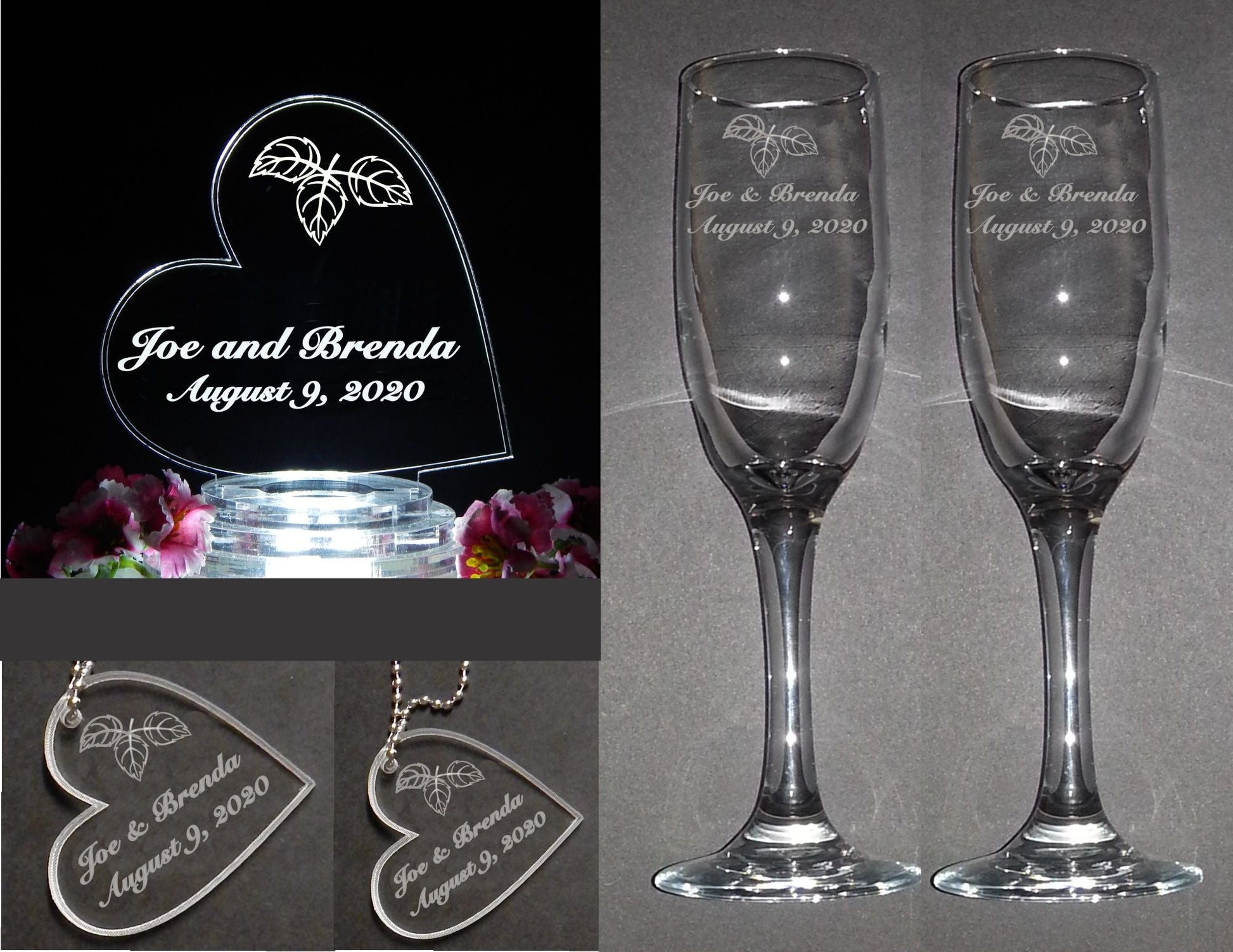 photo showing an acrylic side heart shaped cake topper designed with fall leaves, two sizes of matching heart keychain, and a set of two champagne flutes engraved with names, date and fall leaves