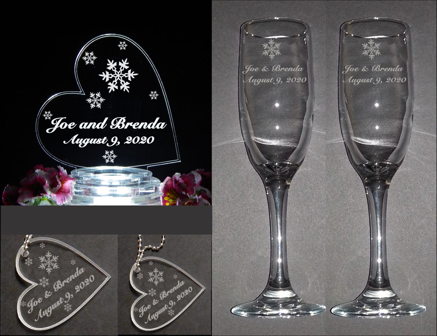 photos showing a side heart shaped acrylic cake topper decorated with snowflakes, two sizes of matching heart shaped keychains, and a set of champagne flutes engraved with snowflake names and date