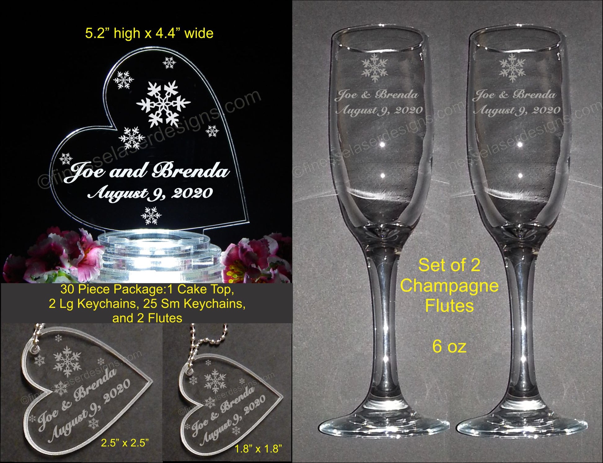 photos showing a side heart shaped acrylic cake topper decorated with snowflakes, two sizes of matching heart shaped keychains, and a set of champagne flutes engraved with snowflake names and date