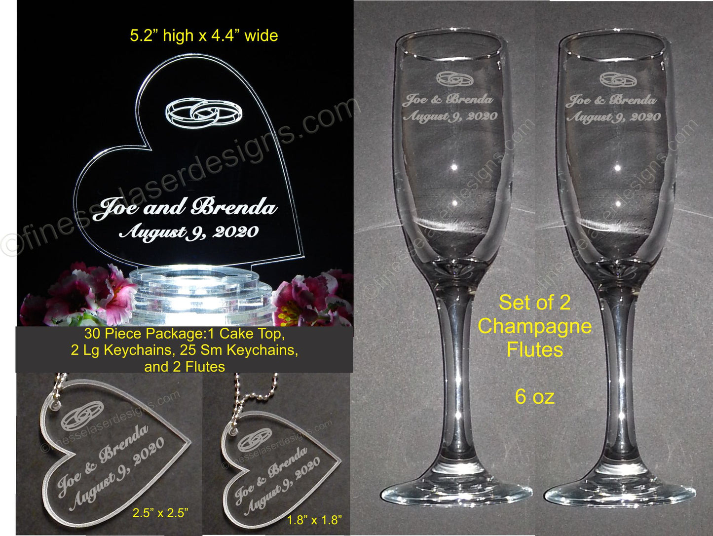 photo showing an acrylic side heart shaped cake topper designed with wedding rings, two sizes of matching heart keychain, and a set of two champagne flutes engraved with names, date and wedding rigns