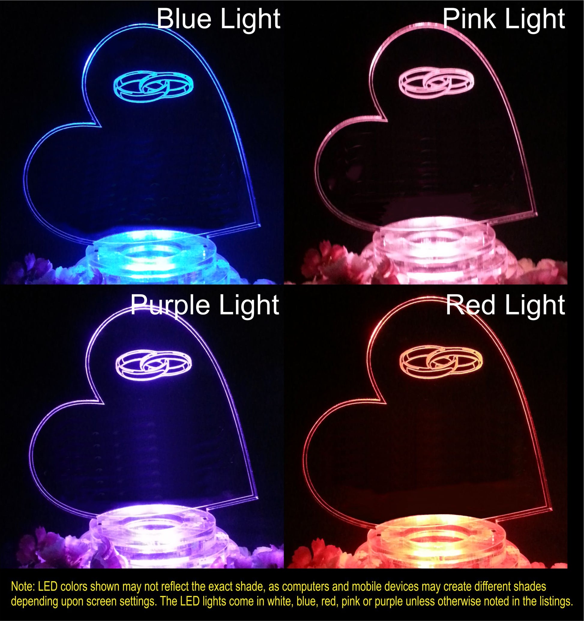 Colored views of acrylic side heart shaped cake topper with wedding rings showing pink, purple, blue, and red lighted views