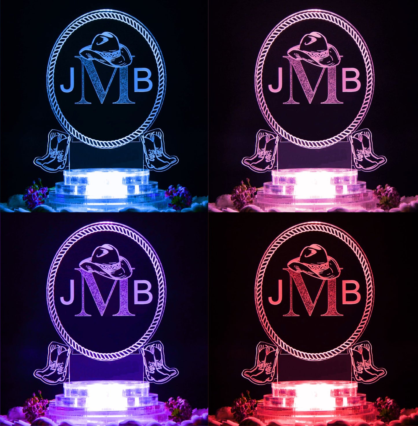 Colored views of acrylic round western cake topper showing pink, purple, blue, and red lighted views