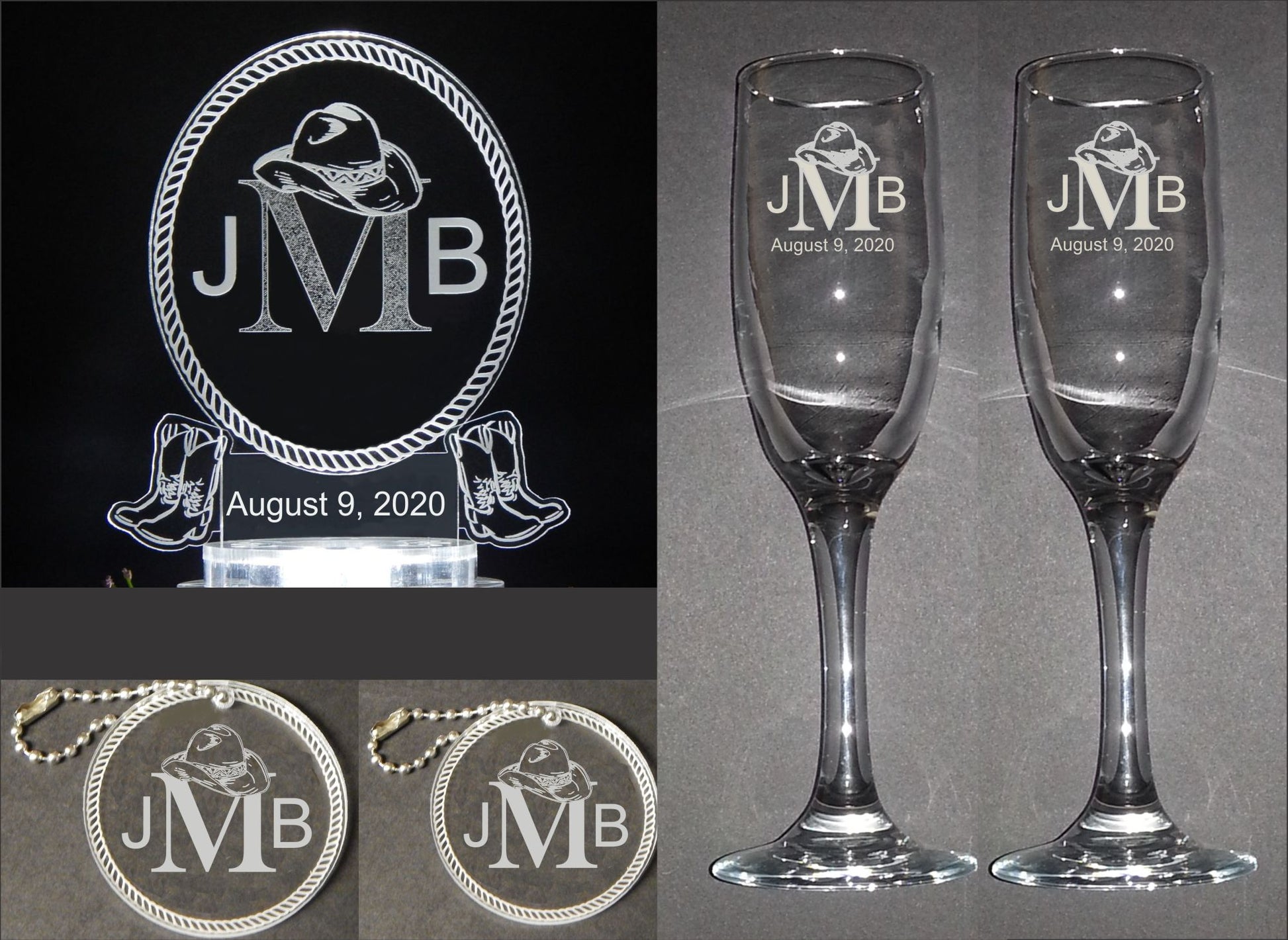 photo showing clear acrylic oval western themed cake topper along with 2 sizes of matching round keychain favors and a set of two champange flutes, all engraved with a 3 letter monogram